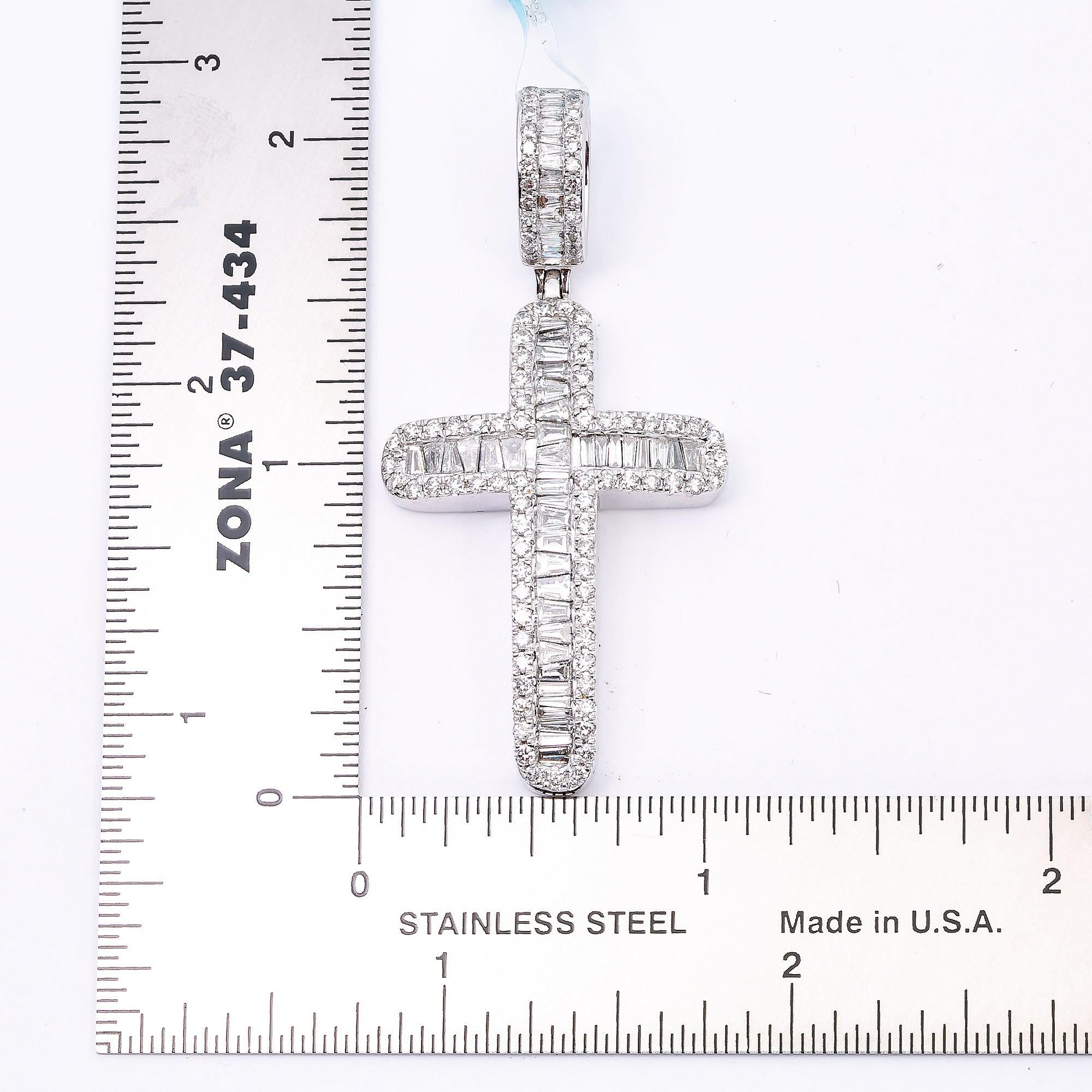 14K WHITE GOLD CROSS  WITH 2.60 CT  BAGUETTE AND ROUND DIAMONDS