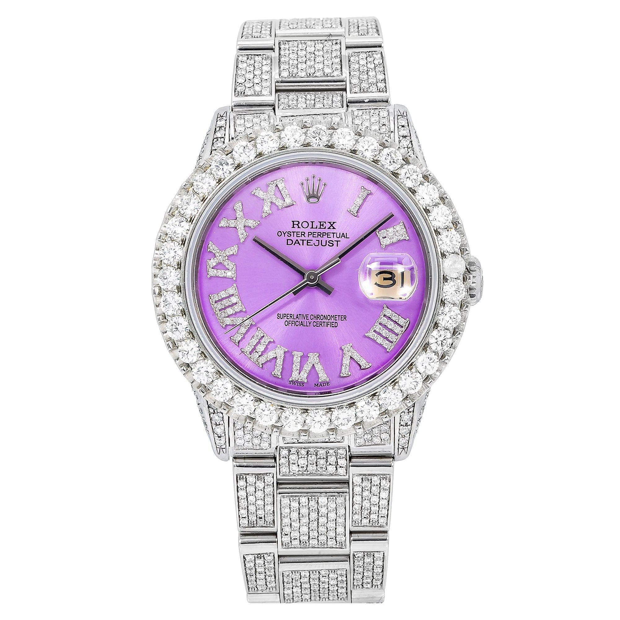 Rolex Datejust 36MM 16200 Purple Roman Dial Diamond Bezel Full Diamond Oyster Bracelet 9.25ct