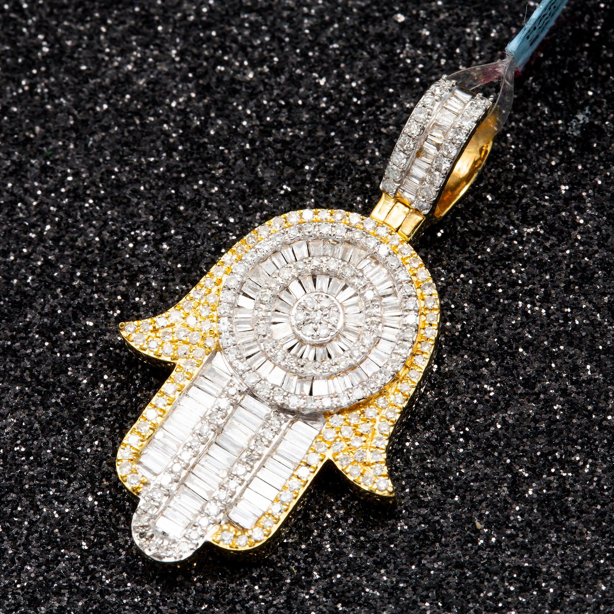 14K GOLD BAGUETTE DIAMOND HAMSA PENDANT 1.20 CT