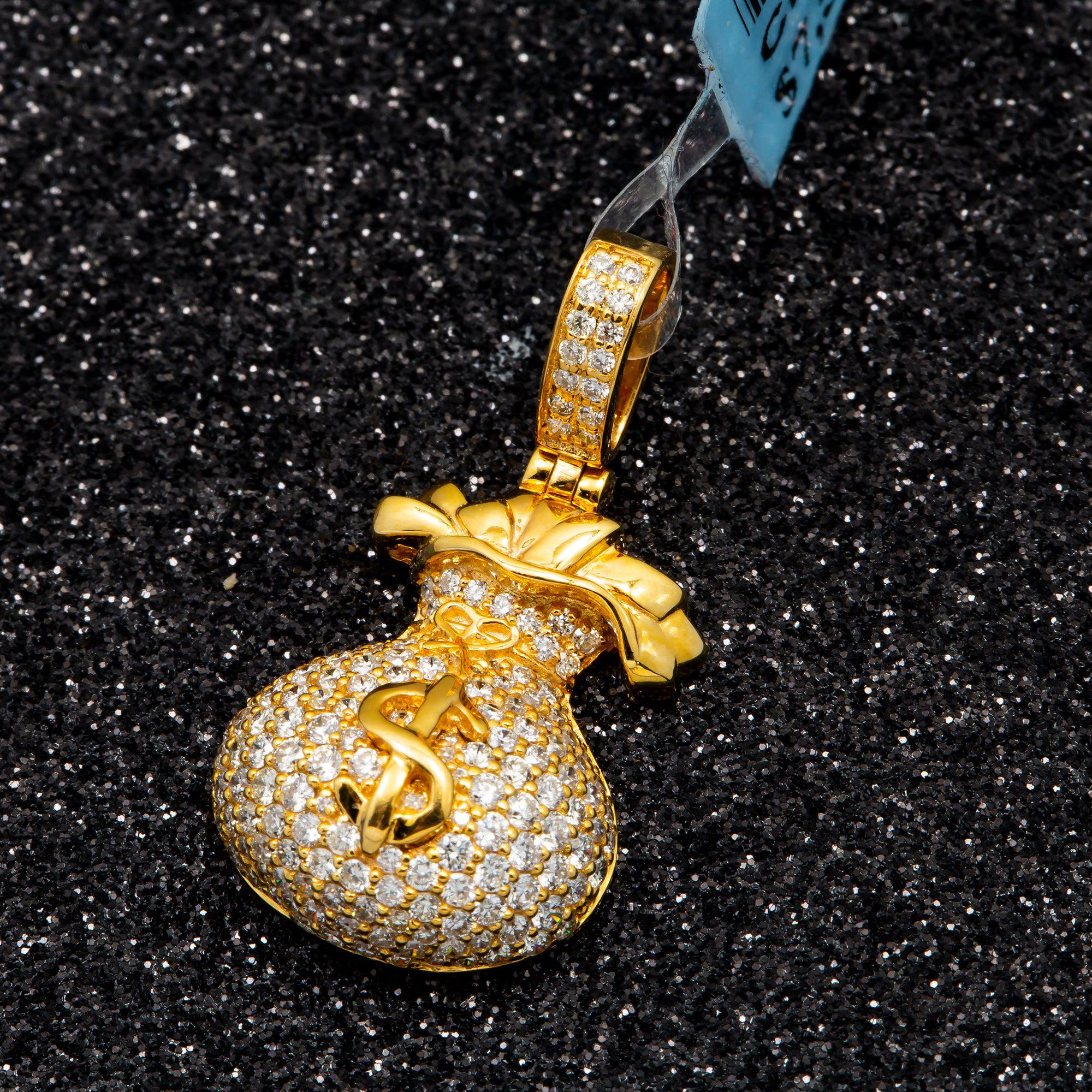 14K GOLD DIAMOND MONEY BAG DOLLAR SIGN PENDANT 0.90 CT