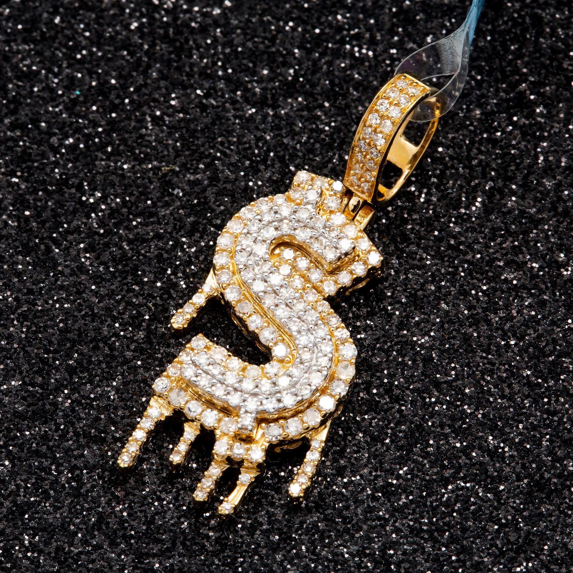 10K GOLD DRIPPING DIAMOND DOLLAR SIGN PENDANT 0.75 CT