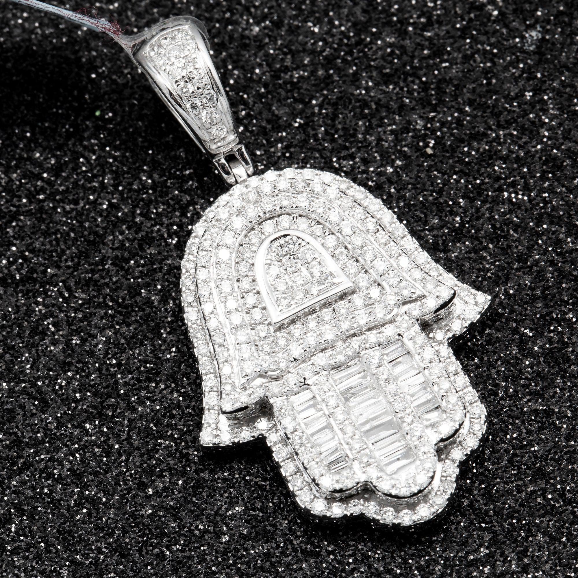 14K GOLD BAGUETTE DIAMOND HAMSA PENDANT 2.65 CT