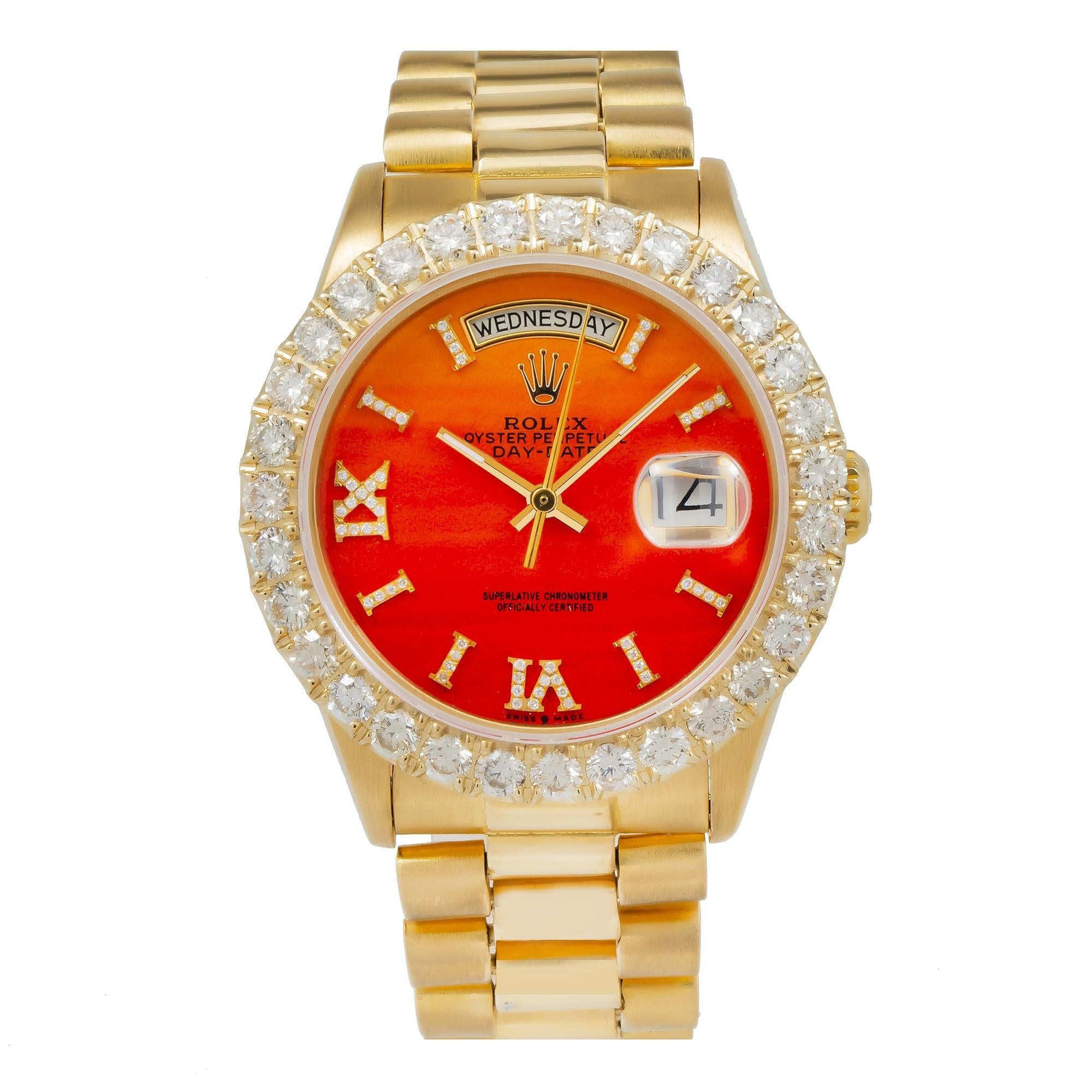 Rolex Day-Date 36MM Red Orange Diamond Dial With Yellow Gold Diamond Bezel
