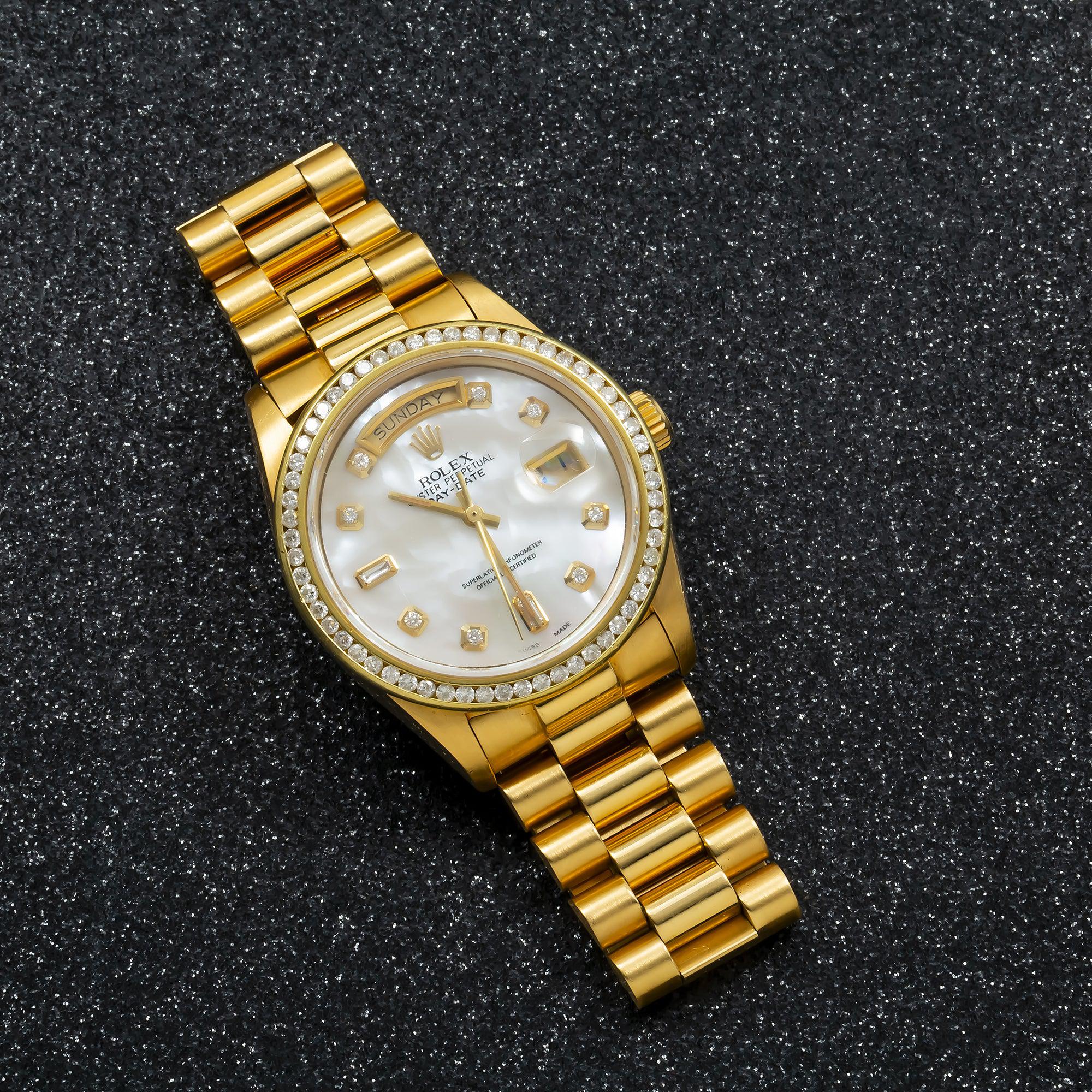 Rolex Day-Date 18038 36MM Mother Of Pearl Diamond Dial With Yellow Gold Diamond Bezel