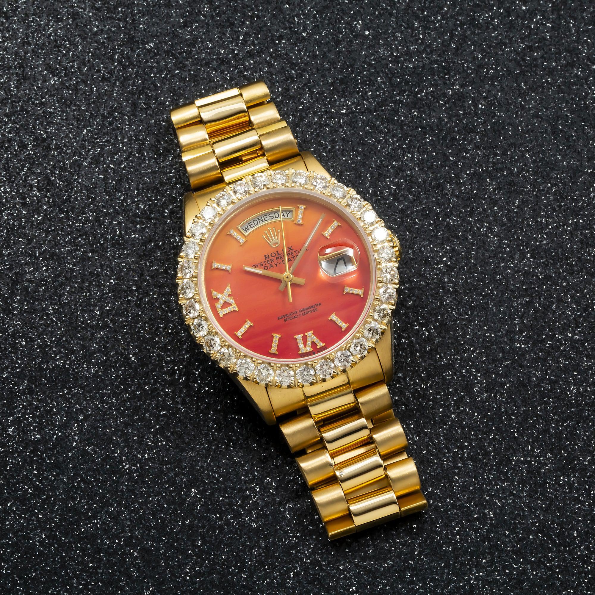 Rolex Day-Date 36MM Red Orange Diamond Dial With Yellow Gold Diamond Bezel