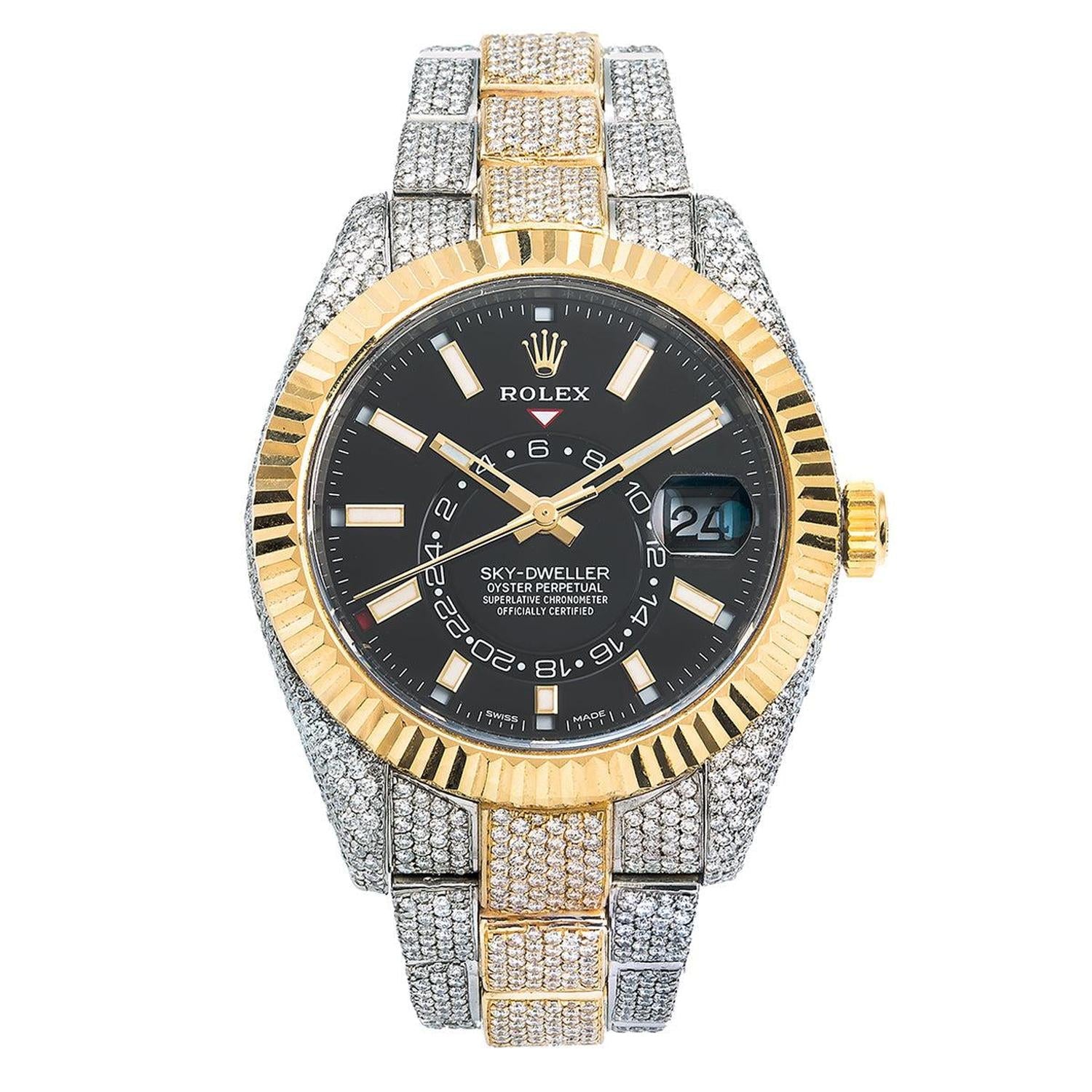 Rolex Sky-Dweller 42MM 326933 Black Dial Yellow Gold Fluted Bezel Two Tone Full Diamond Oyster Bracelet 21.5ct