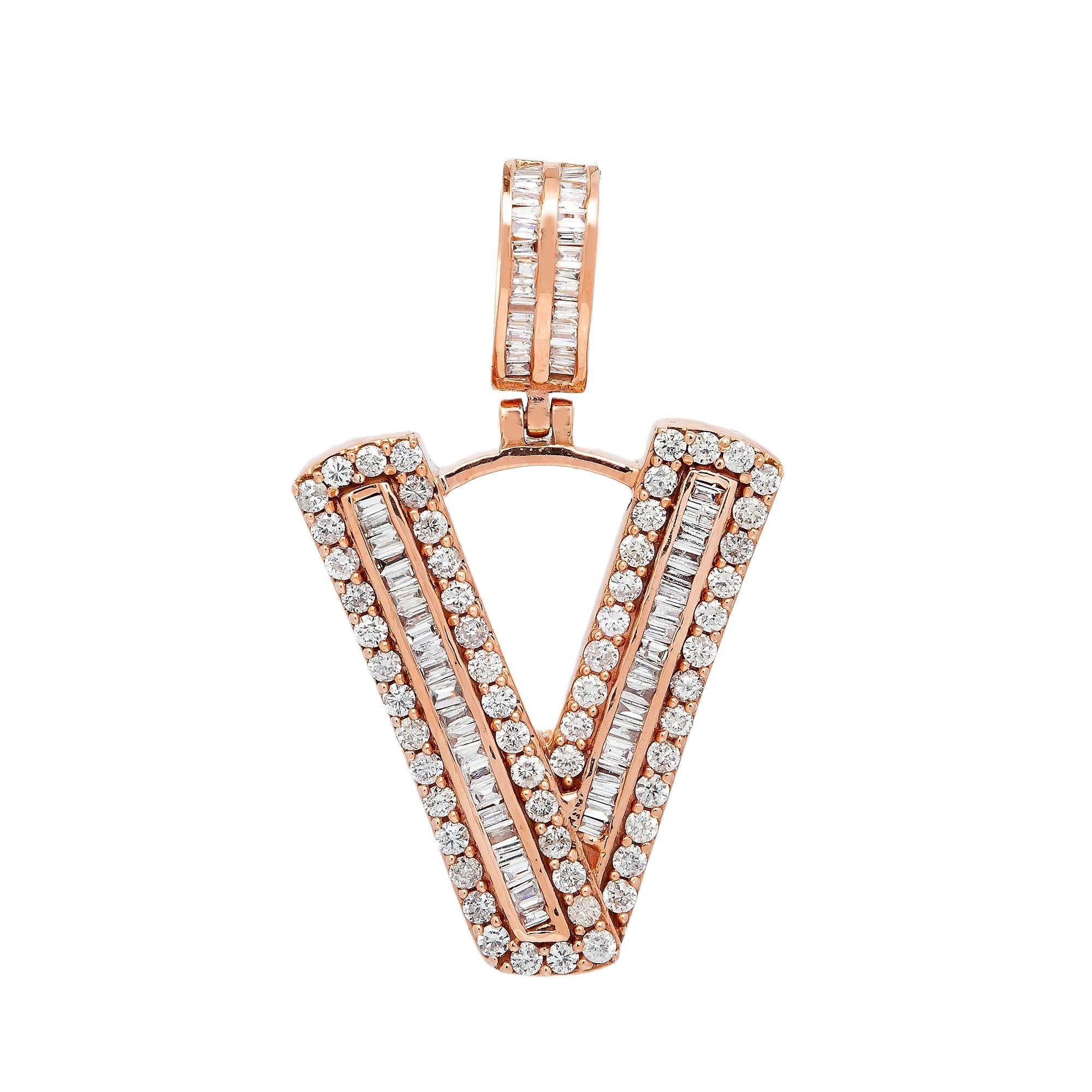 14K ROSE GOLD DIAMOND LETTER V PENDANT 1.01 CT
