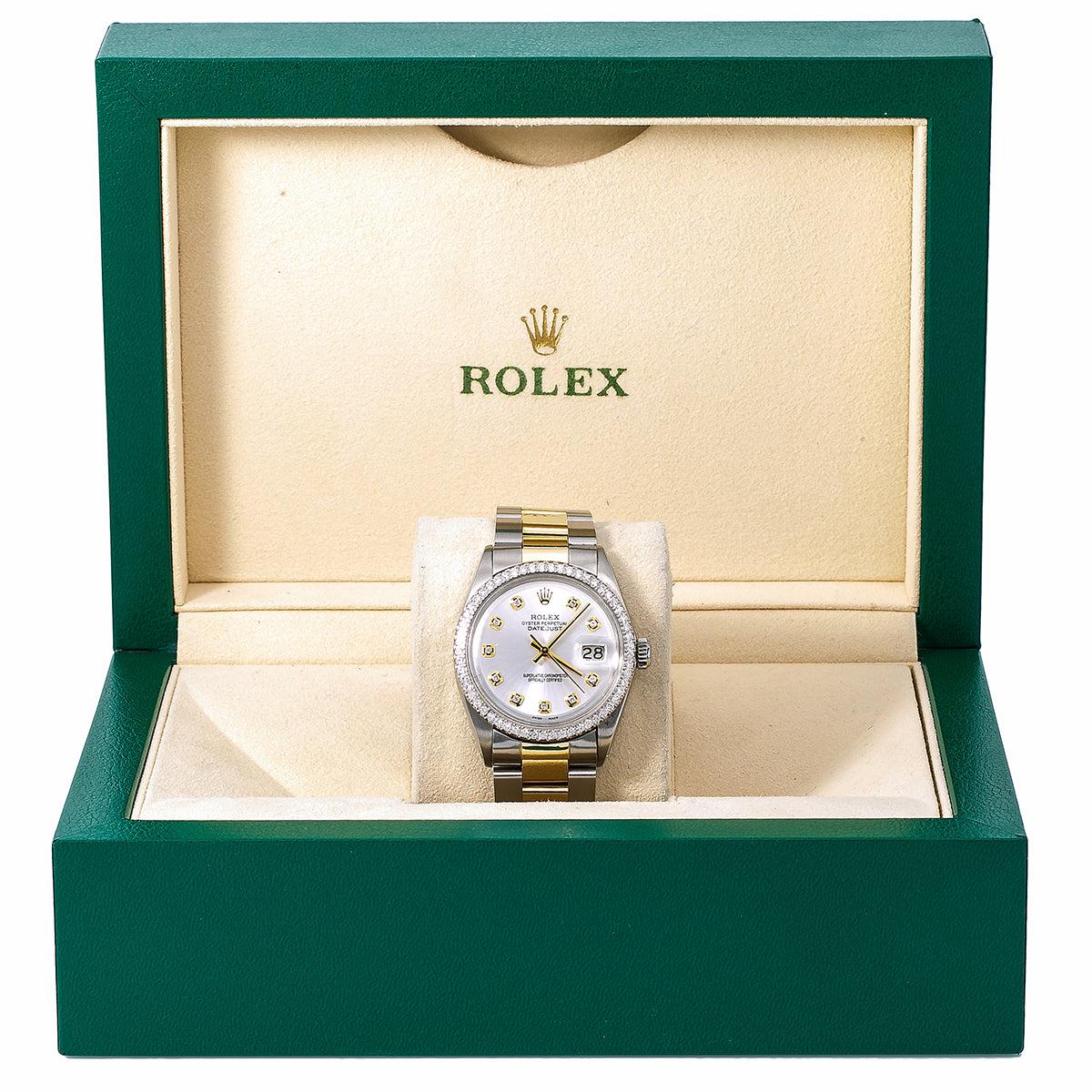 Rolex Datejust Diamond Watch, 1601 36mm, White Diamond Dial With Two Tone Bracelet