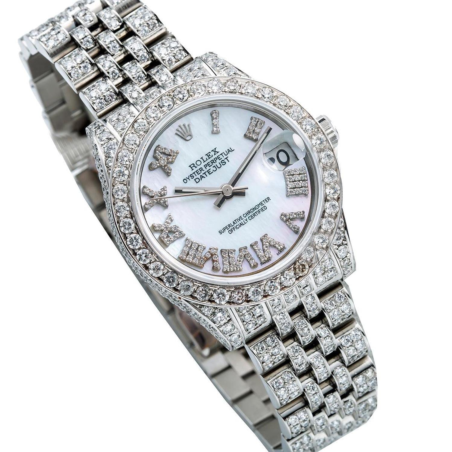 Rolex Datejust 31MM 178240 Blue Mother of Pearl Roman Dial Diamond Bezel Full Diamond Oyster Bracelet 9.25ct