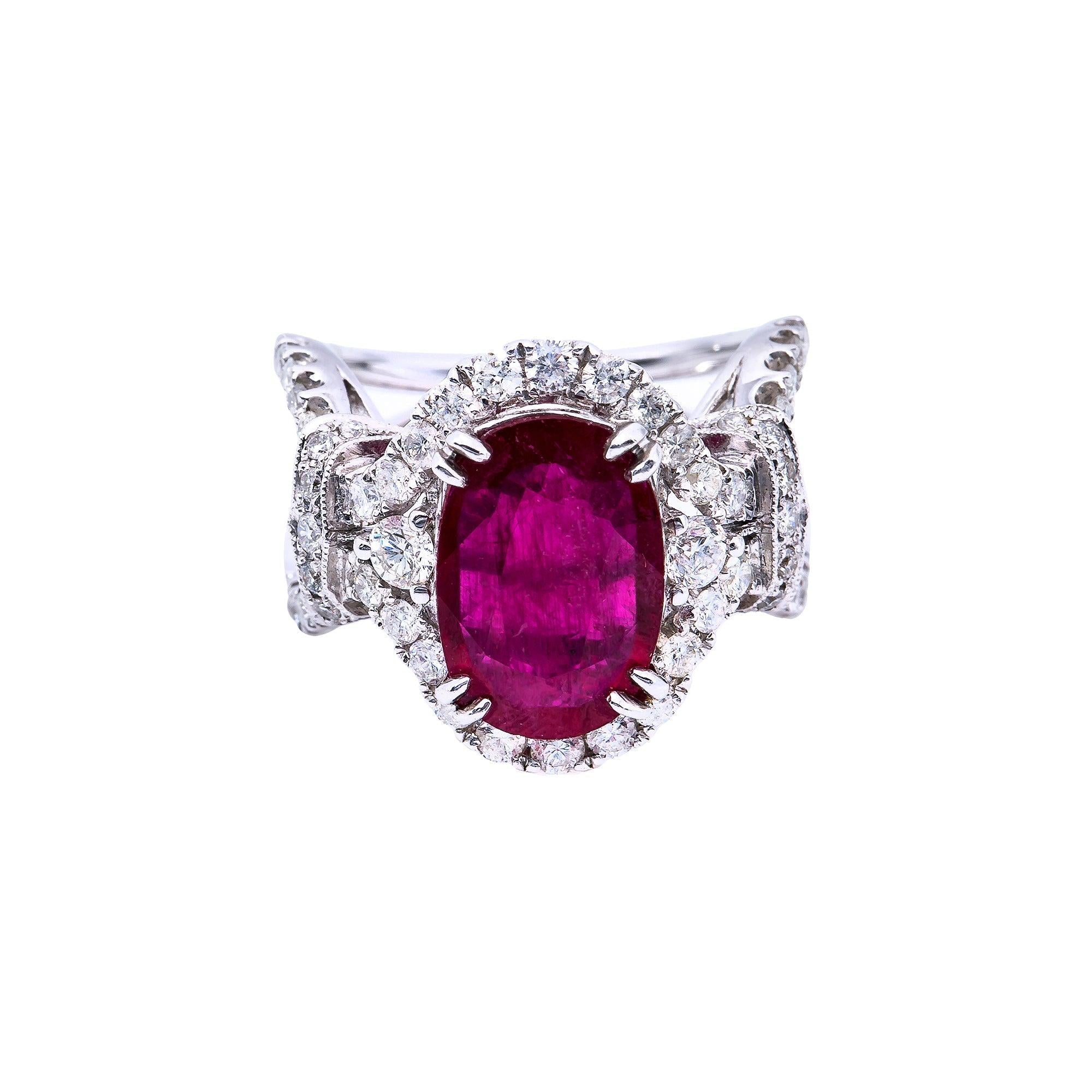 18K White Gold Oval Shaped Ruby Diamond And Gemstone Ring