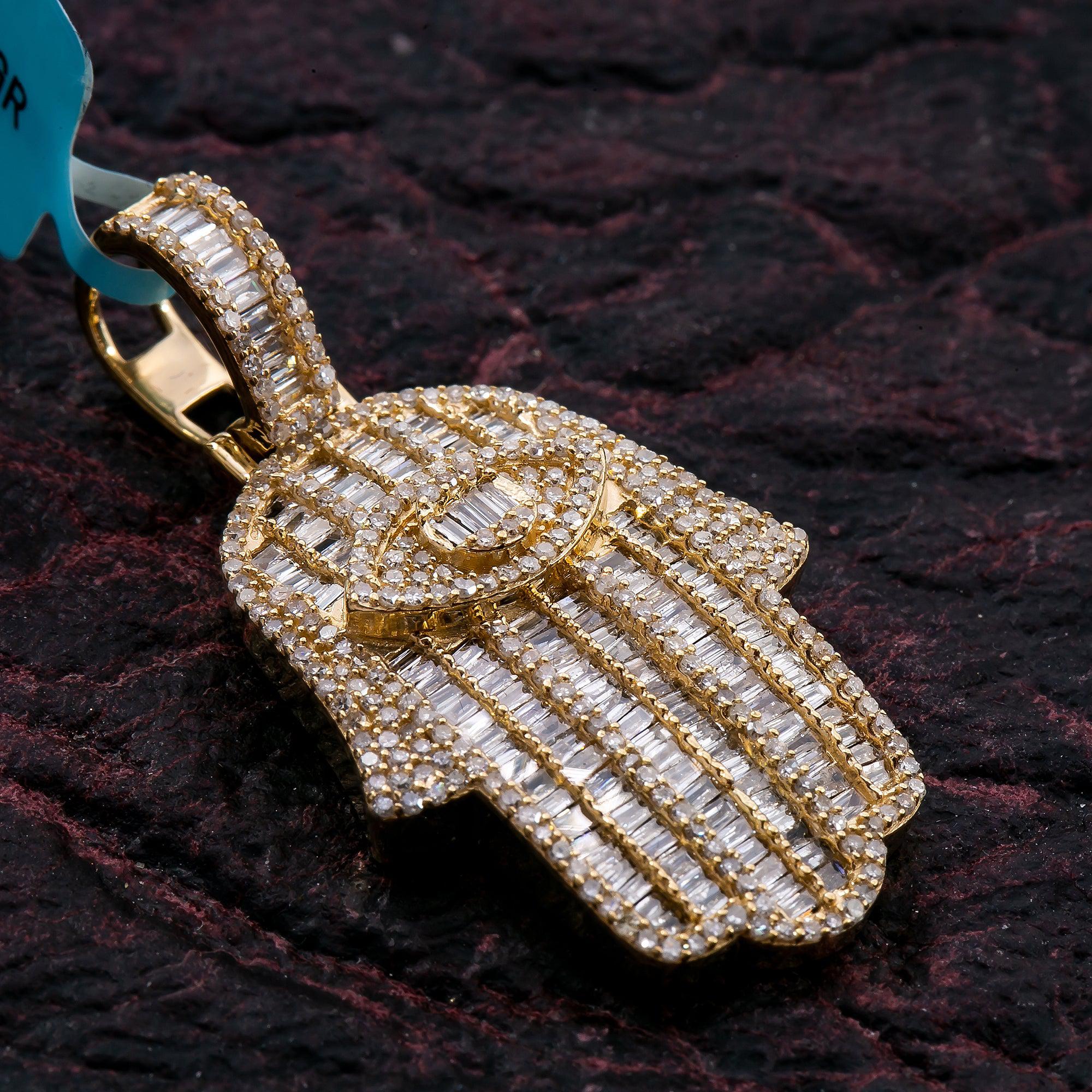 Unisex 14K Yellow Gold Hamsa Pendant with 1.70 CT Diamonds