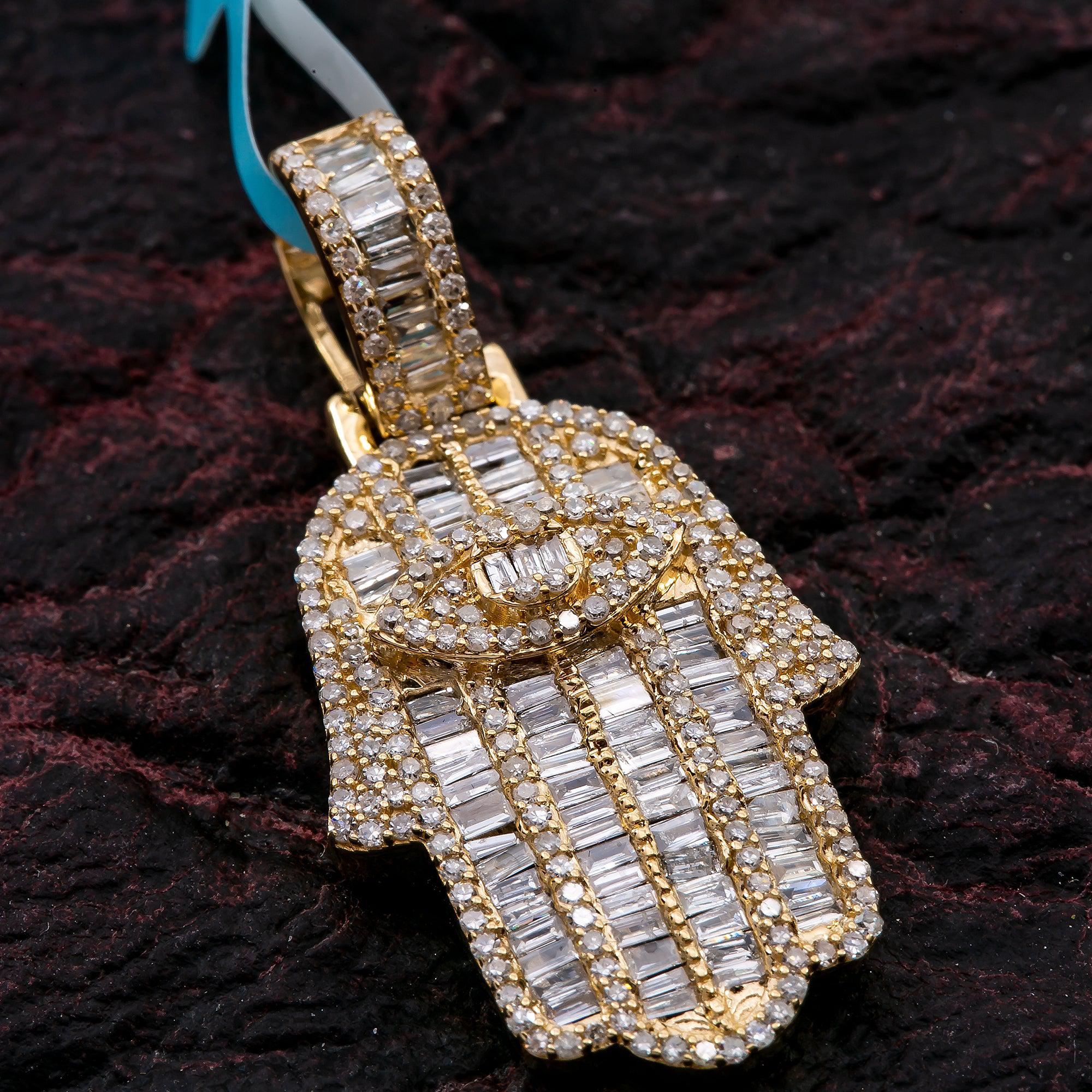Unisex 14K Yellow Gold Hamsa Pendant with 1.23 CT Diamonds