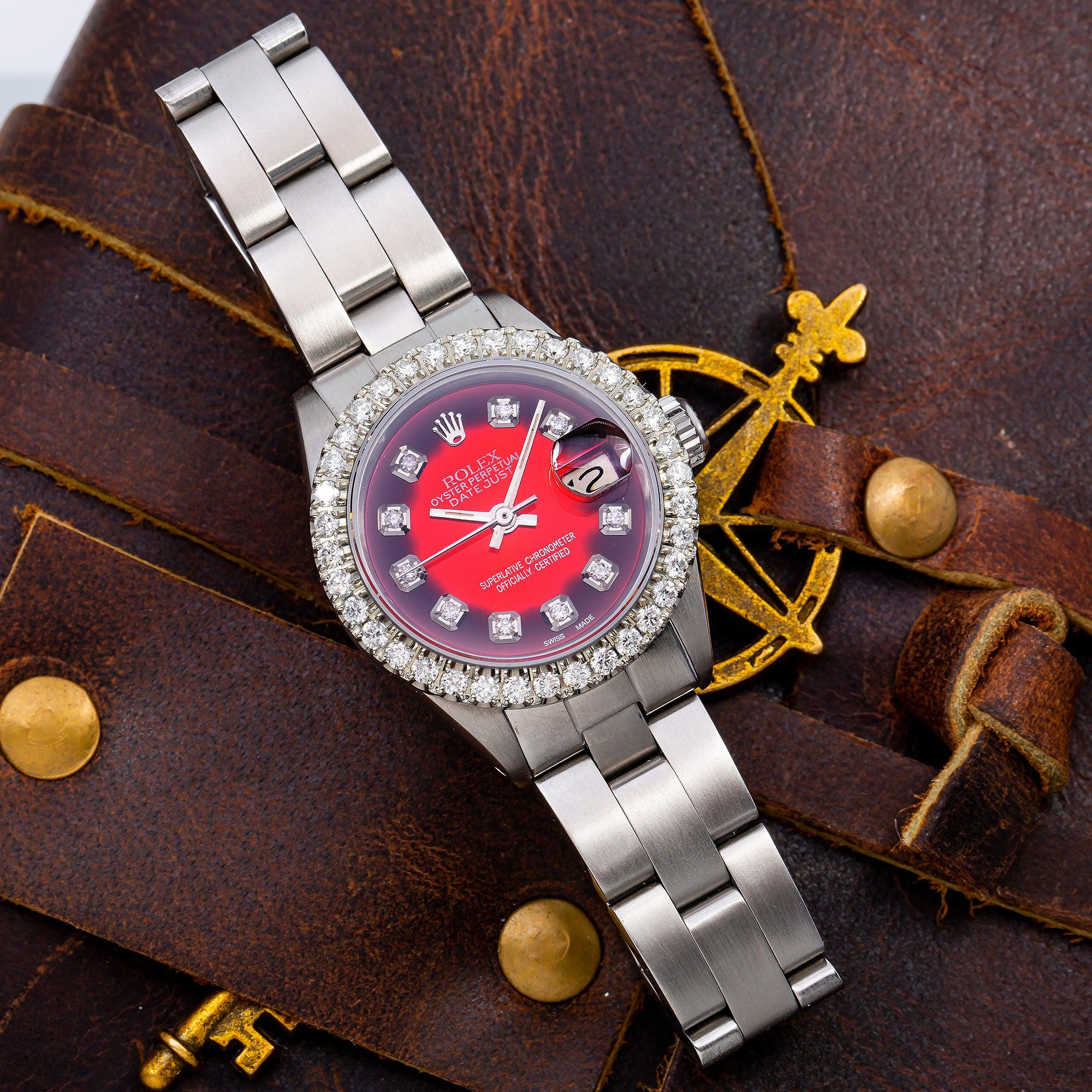 Rolex DateJust 6916 26MM Red and Black Diamond Dial With Stainless Steel Bracelet