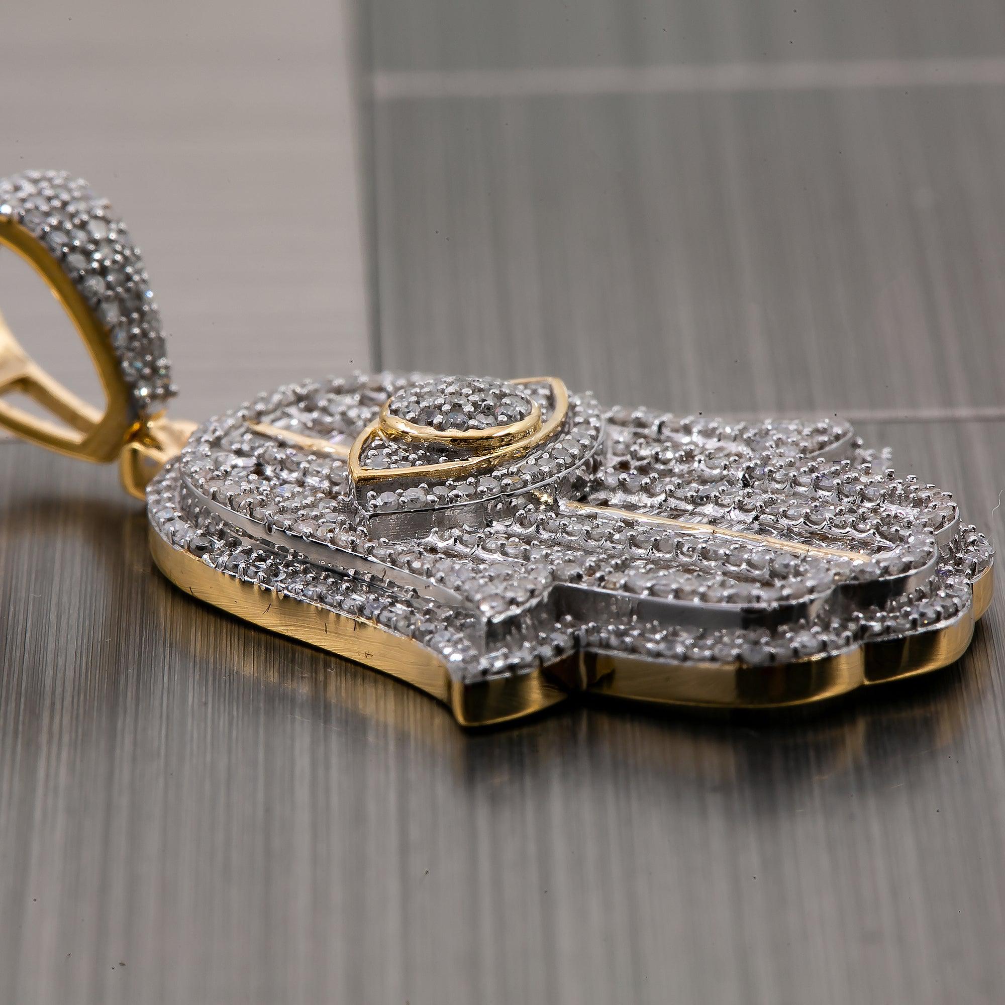 Unisex 14K Yellow Gold Hamsa Pendant with 1.73 CT Diamonds