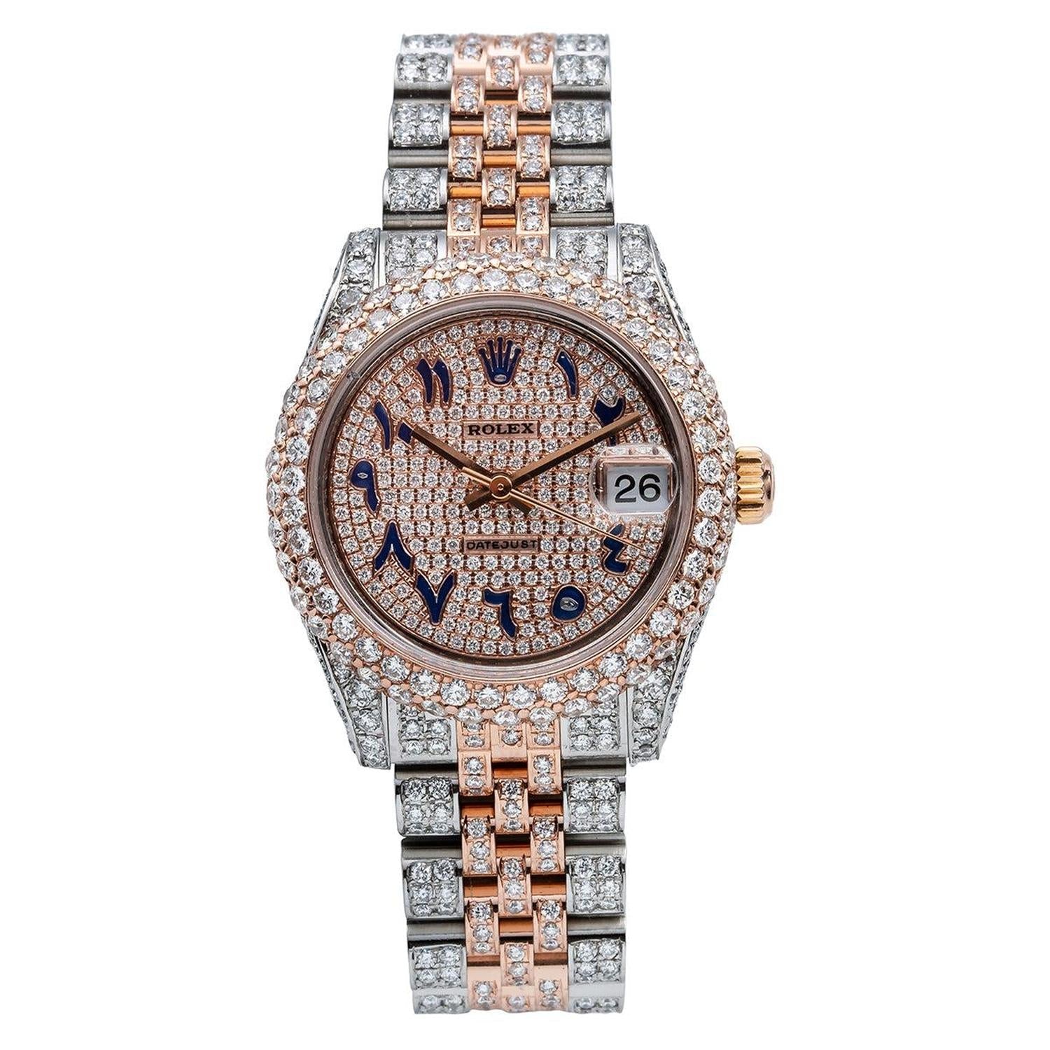 Rolex Datejust 31MM 178271 Diamond Paved Eastern Arabic Dial Diamond Bezel Two Tone Full Diamond Jubilee Bracelet 8.75ct