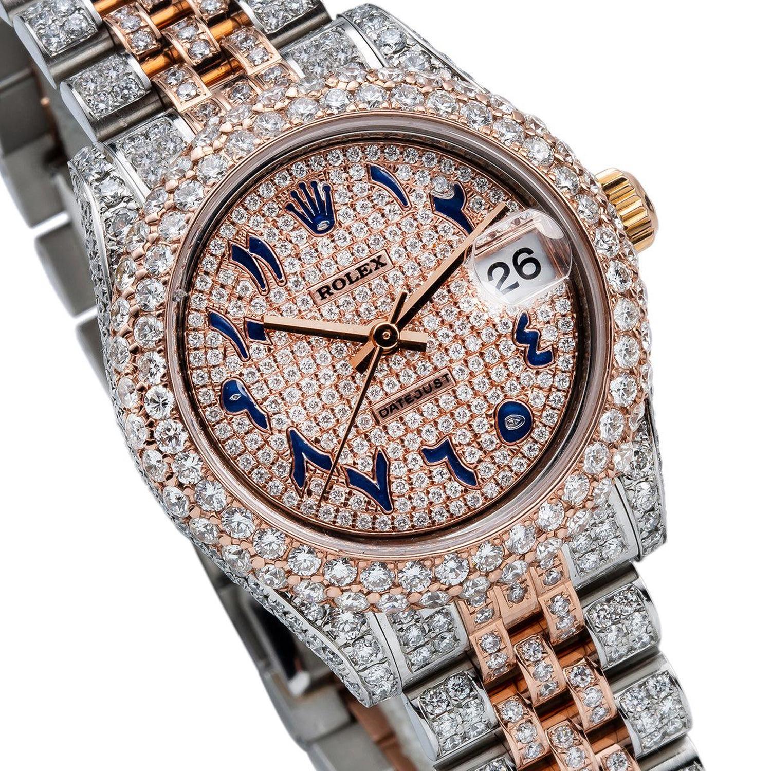 Rolex Datejust 31MM 178271 Diamond Paved Eastern Arabic Dial Diamond Bezel Two Tone Full Diamond Jubilee Bracelet 8.75ct