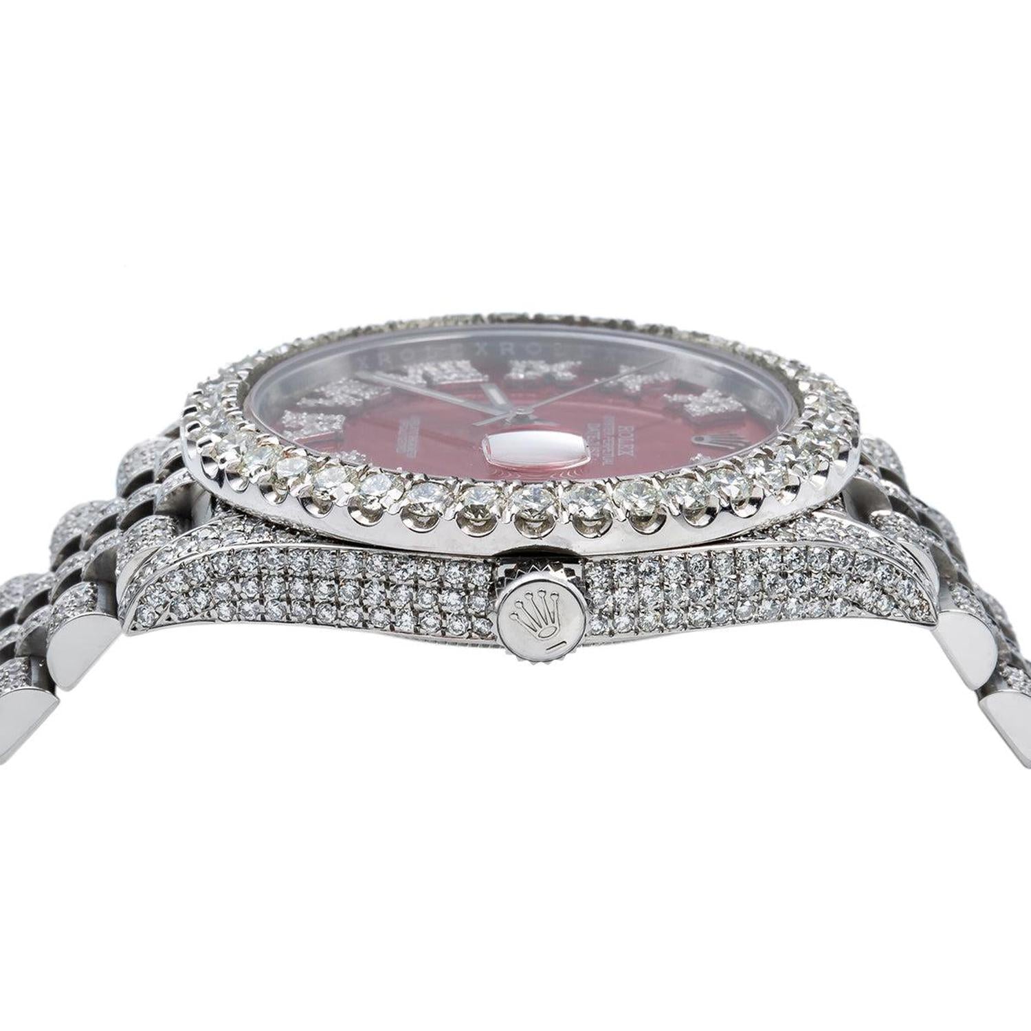 Rolex Datejust 41MM 116334 Red Roman Dial Diamond Bezel Full Diamond Oyster Bracelet 11.75ct