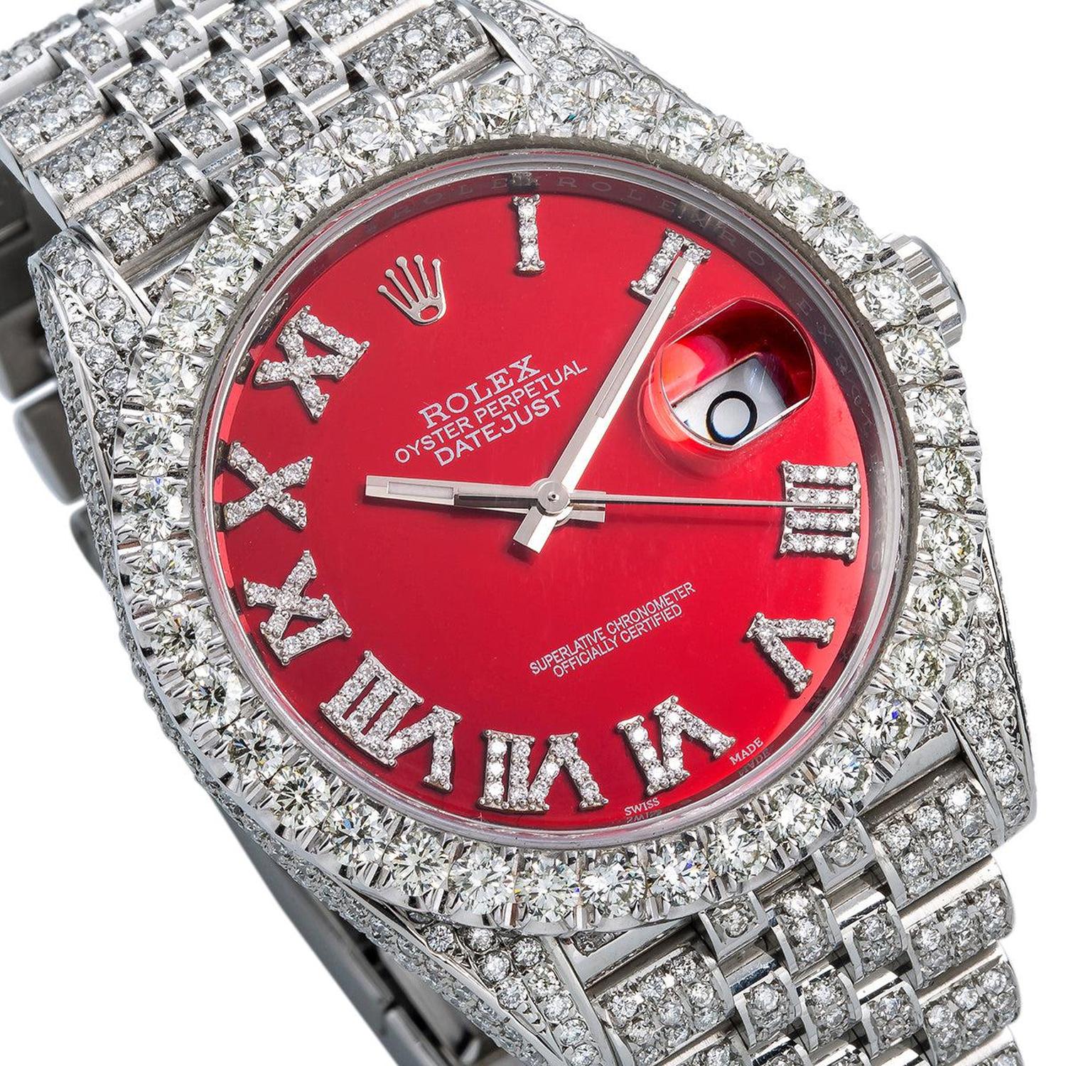 Rolex Datejust 41MM 116334 Red Roman Dial Diamond Bezel Full Diamond Oyster Bracelet 11.75ct