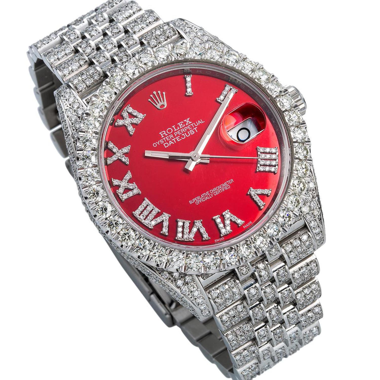 Rolex Datejust 41MM 116334 Red Roman Dial Diamond Bezel Full Diamond Oyster Bracelet 11.75ct