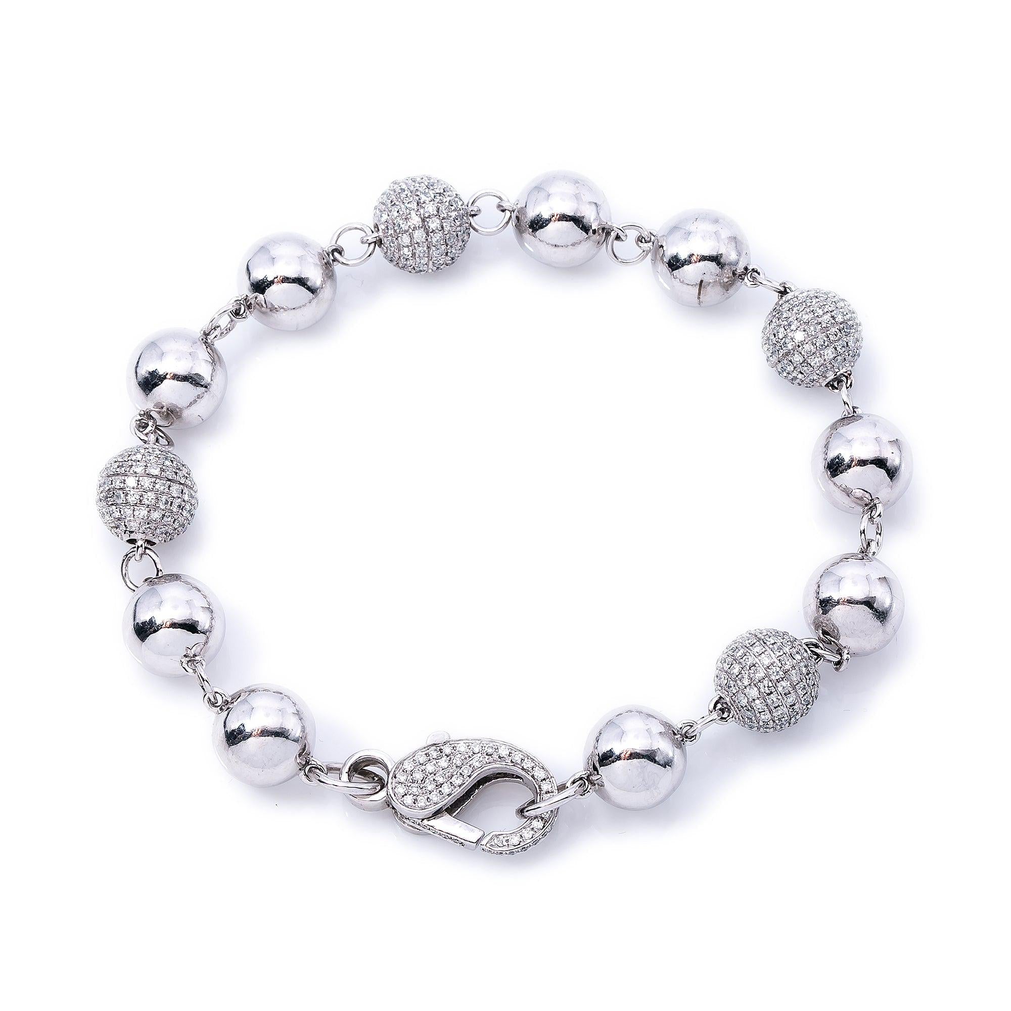 14K White Gold Small Balls Bracelet With Diamonds