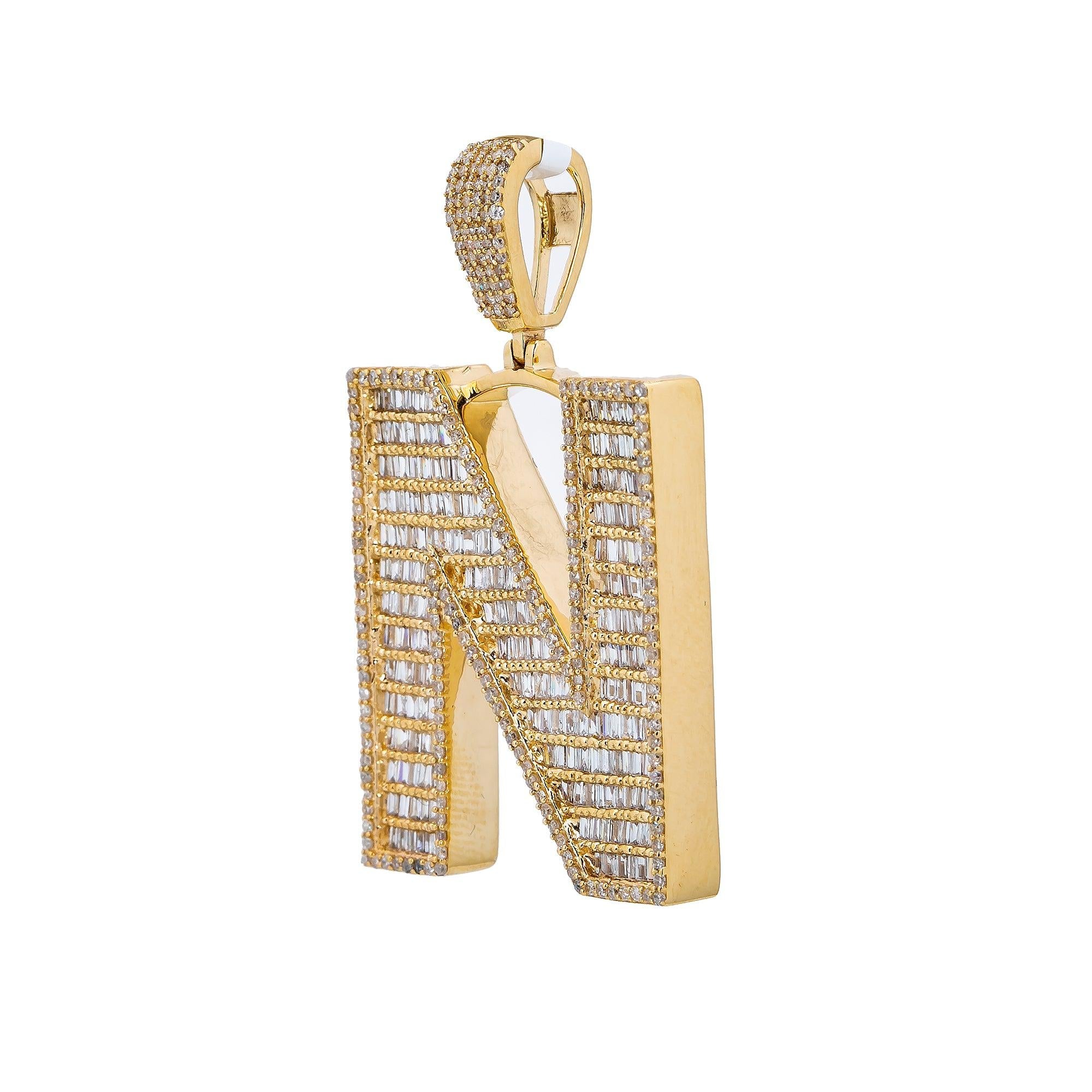 14K Yellow Gold Unisex Letter N Pendant with 2.18 CT Diamond