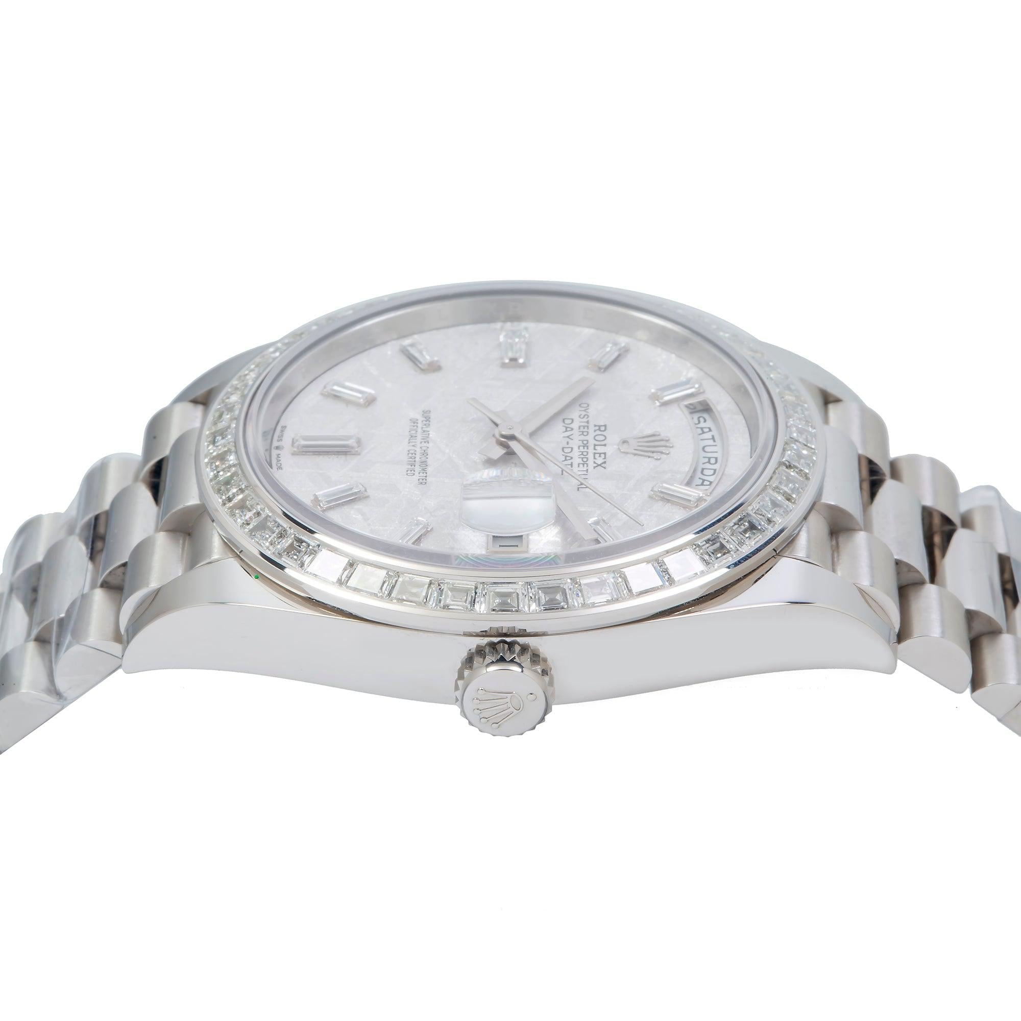 Rolex Day-Date 228396TBR 40MM Silver Mother Of Pearl Factory Baguette Diamond Dial And Bezel With Platinum Presidential Bracelet