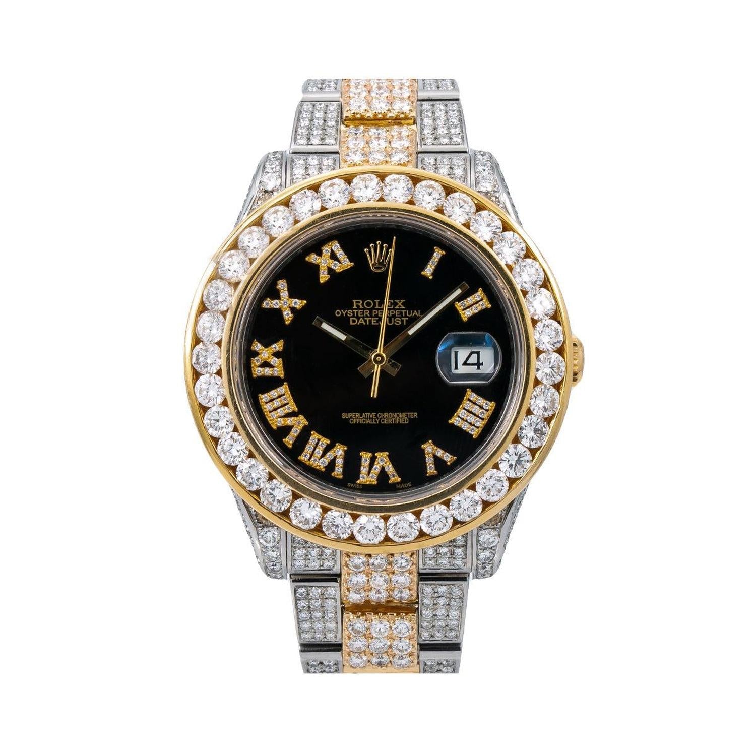Rolex Datejust II 41MM 116333 Black Roman Dial Diamond Bezel Two Tone Full Diamond Oyster Bracelet 16.25ct