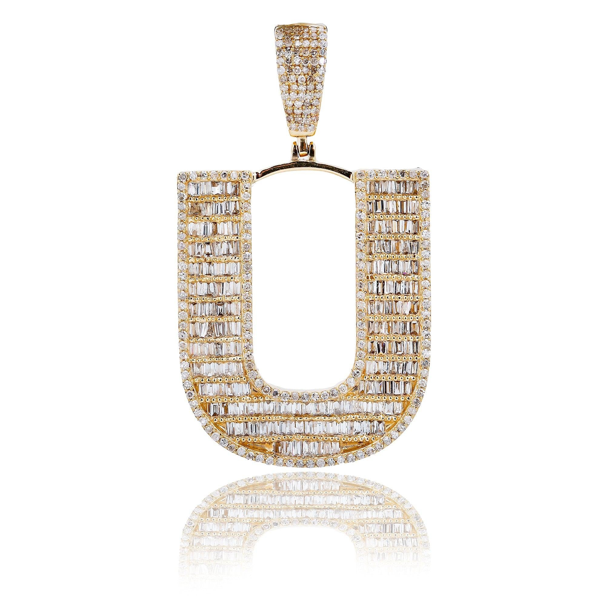 14K Yellow Gold Unisex Letter U Pendant with 1.87 CT Baguette Diamond