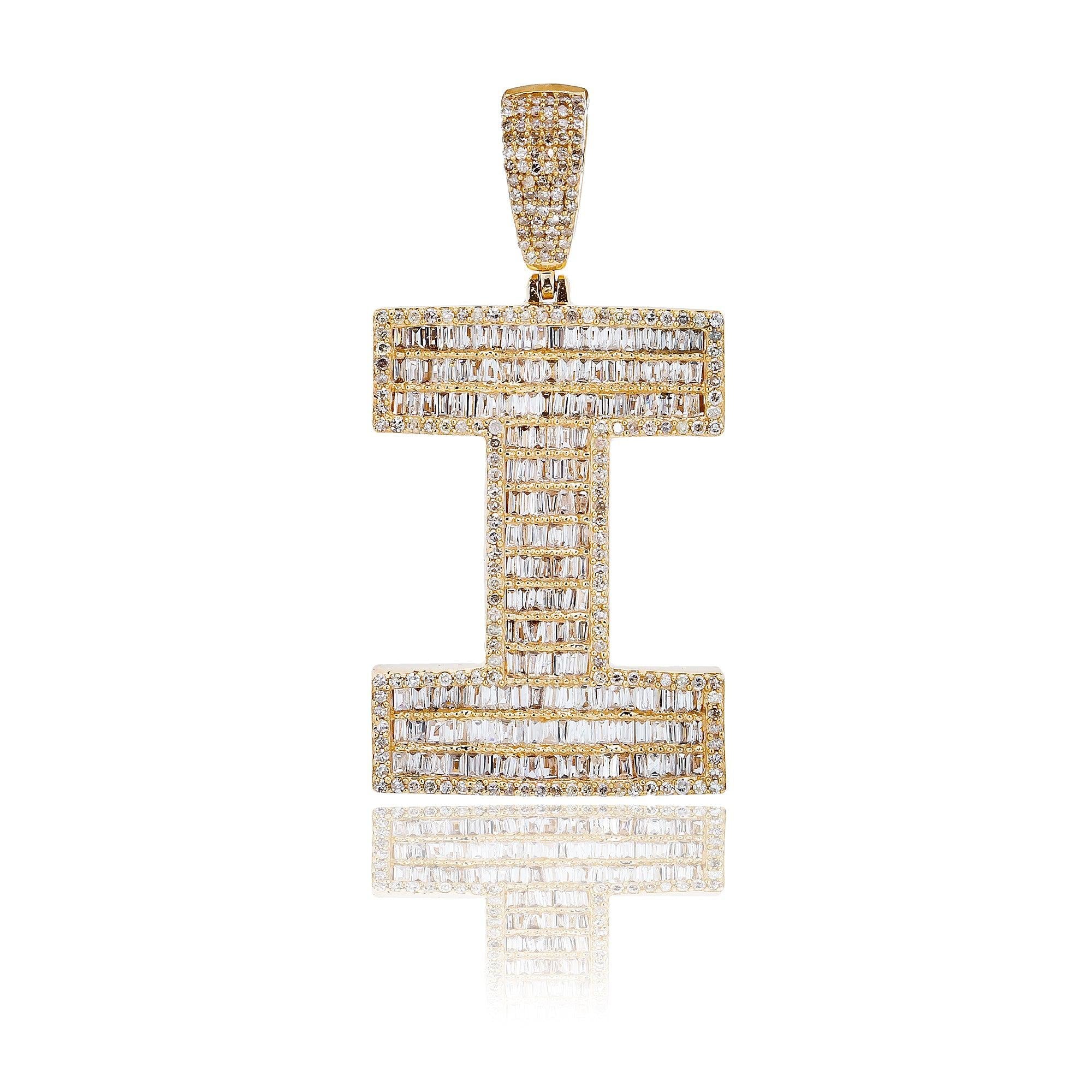 14K Yellow Gold Unisex Letter I Pendant with 1.73 CT Baguette Diamond