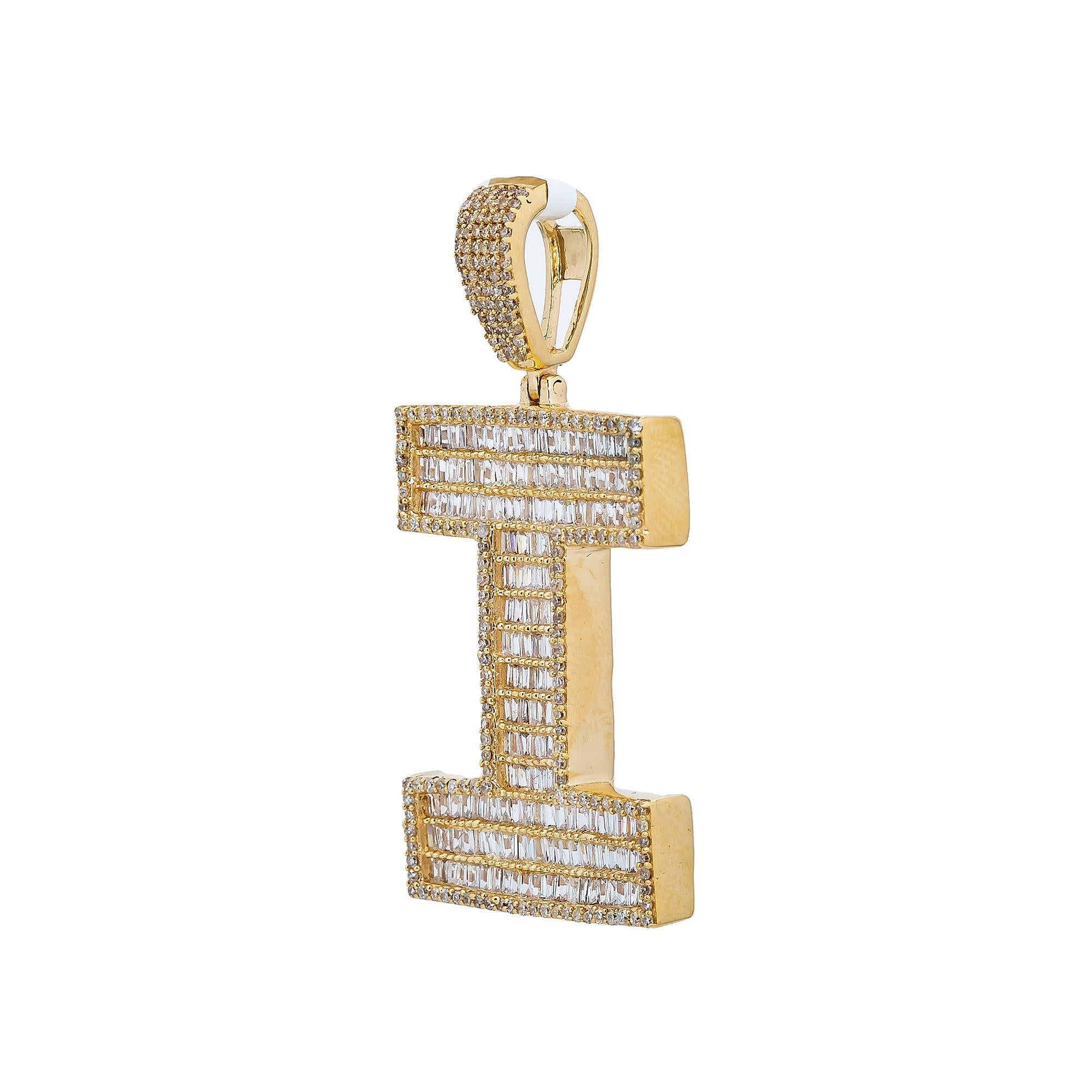 14K Yellow Gold Unisex Letter I Pendant with 1.73 CT Baguette Diamond