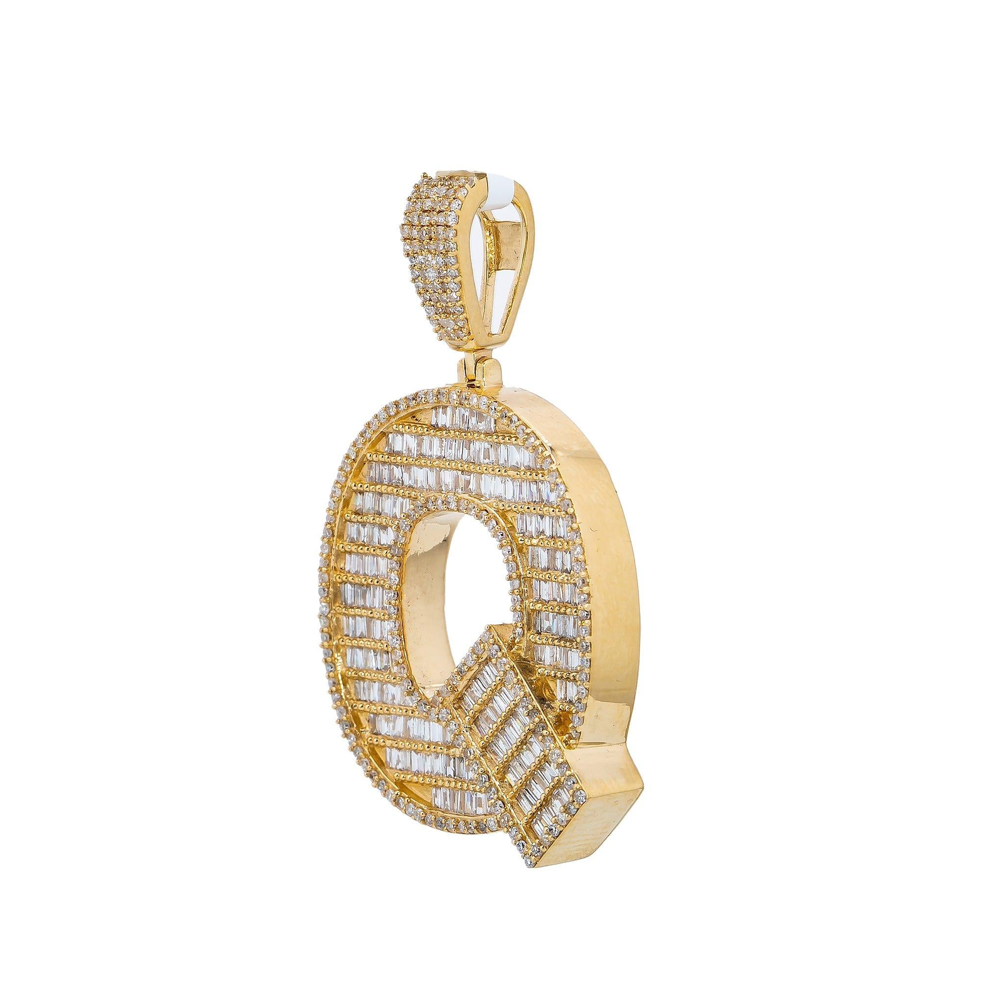 14K Yellow Gold Unisex Letter Q Pendant with 1.85 CT Bagiueete Diamond