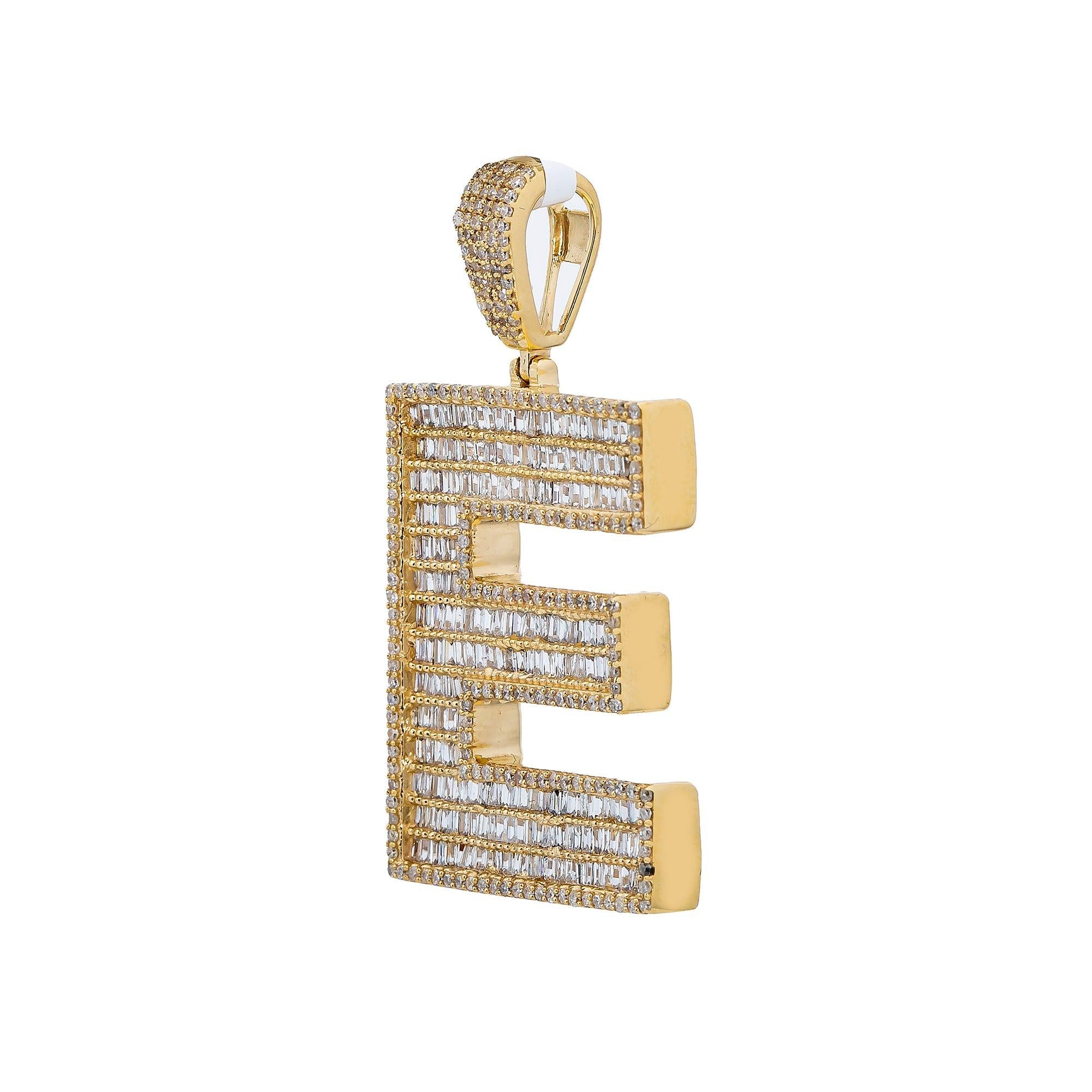 14K Yellow Gold Unisex Letter E Baguette Pendant with 2.11 CT Diamond