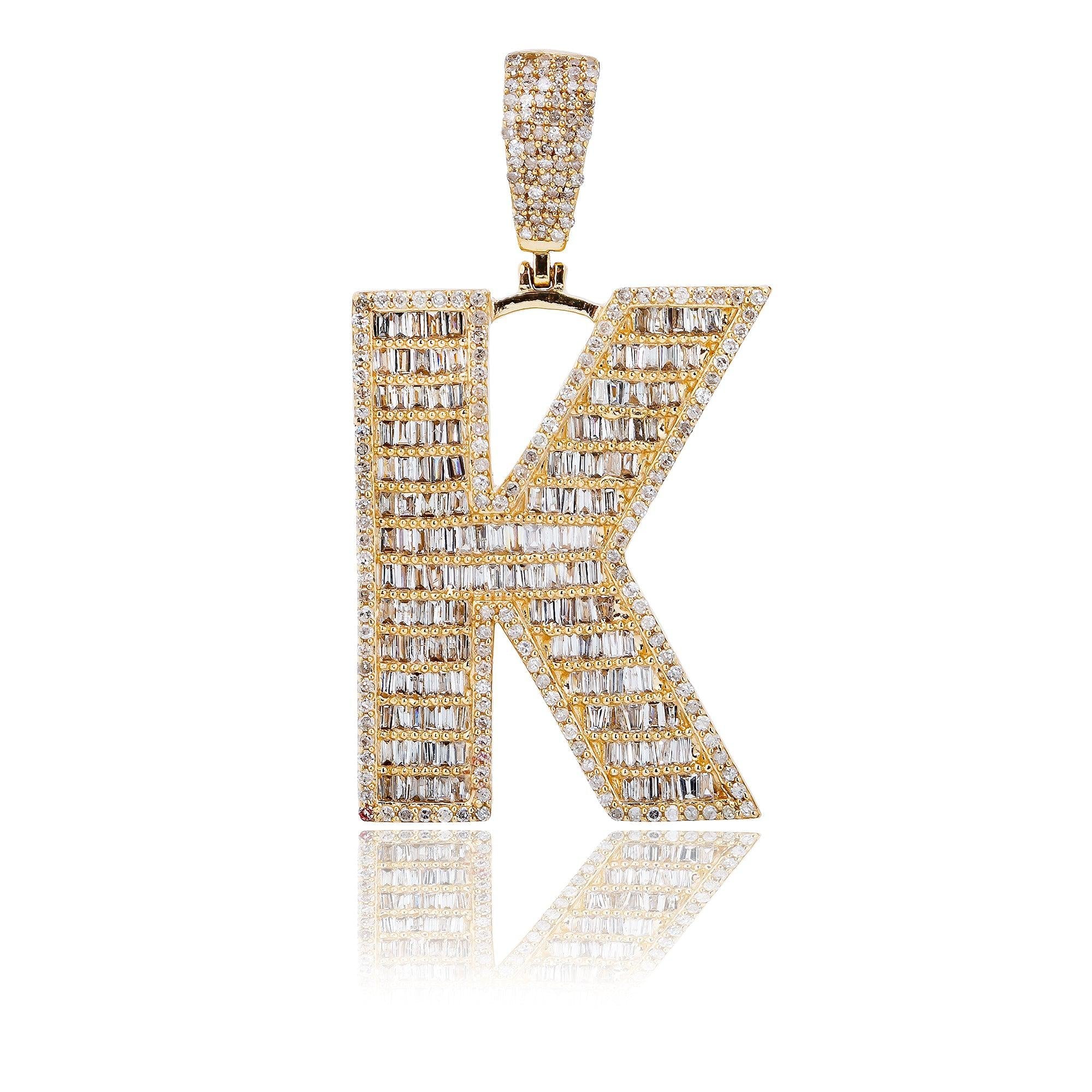 14K Yellow Gold Unisex Letter K Pendant with 1.68 CT Baguette Diamond