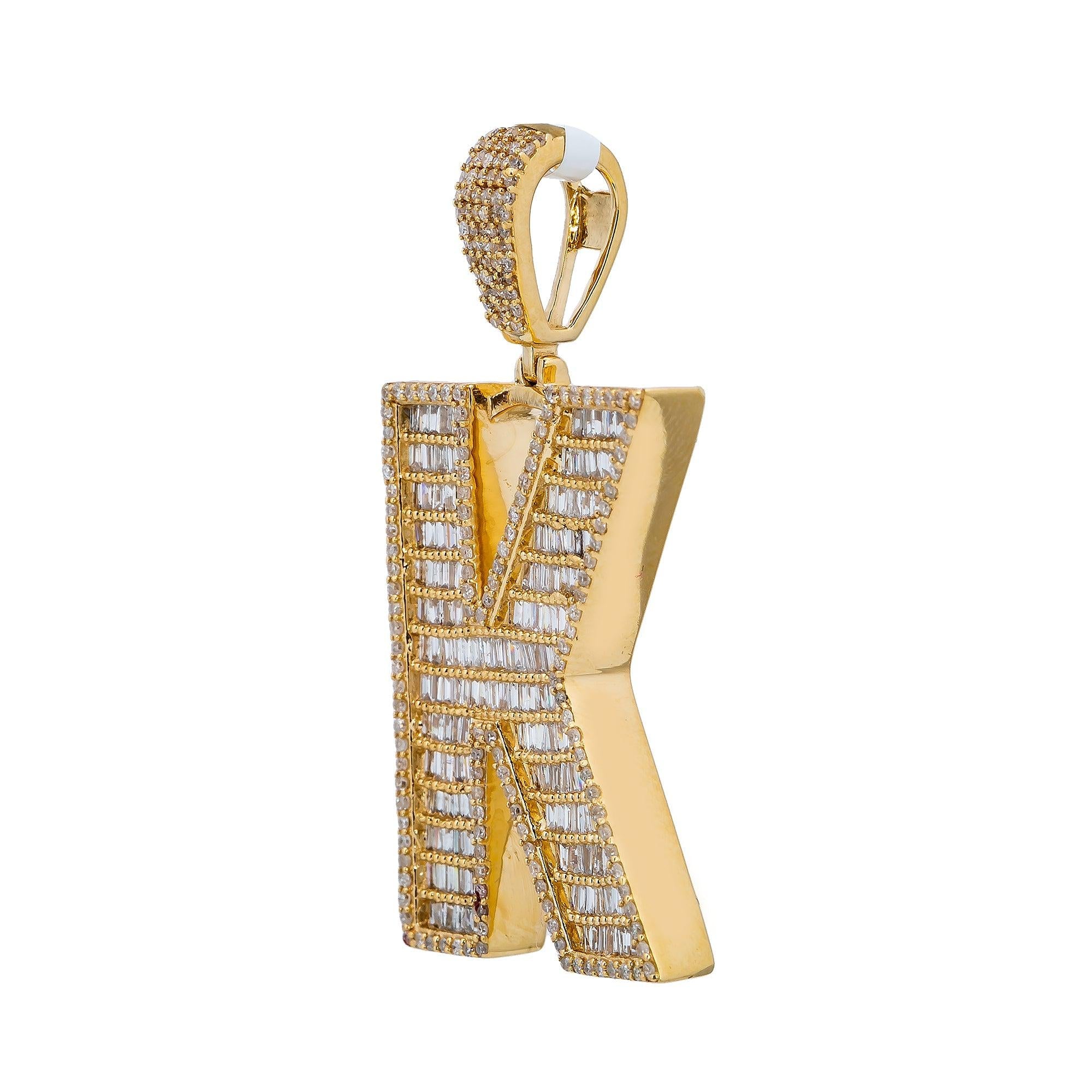 14K Yellow Gold Unisex Letter K Pendant with 1.68 CT Baguette Diamond