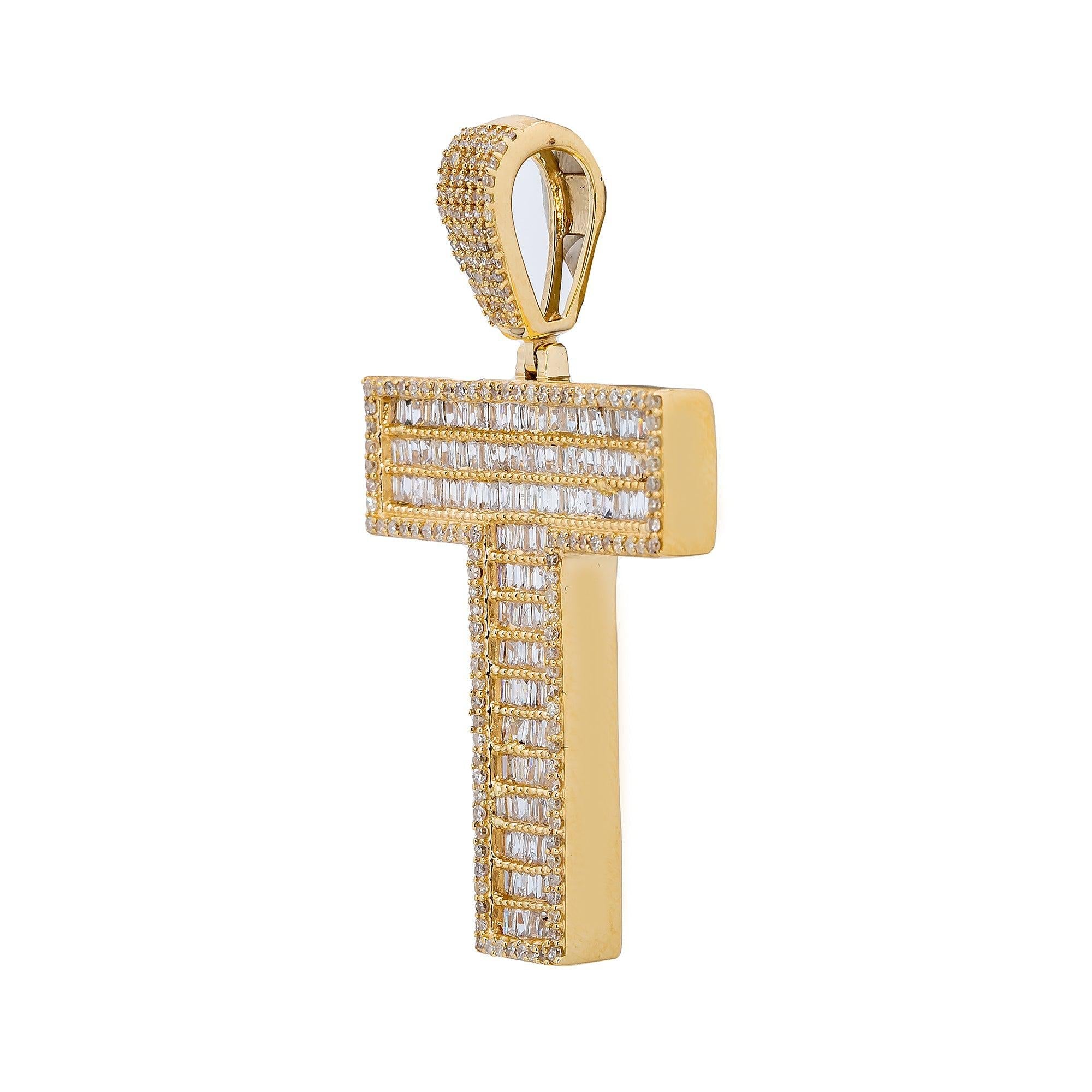 14K Yellow Gold Letter T Pendant 1.36 CT Baguette Diamond