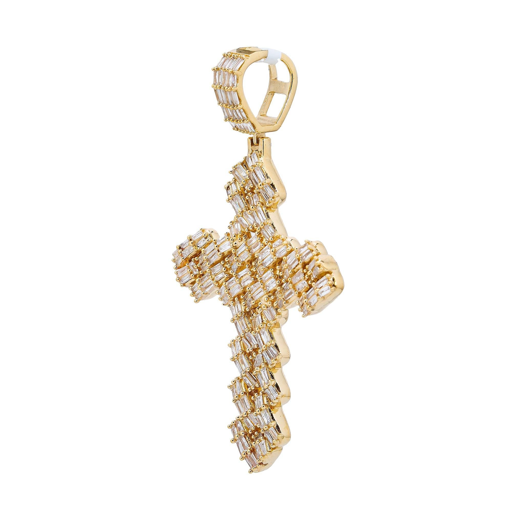 14K Yellow Gold Unisex Cross Pendant with 1.57 CT Baguette Diamond