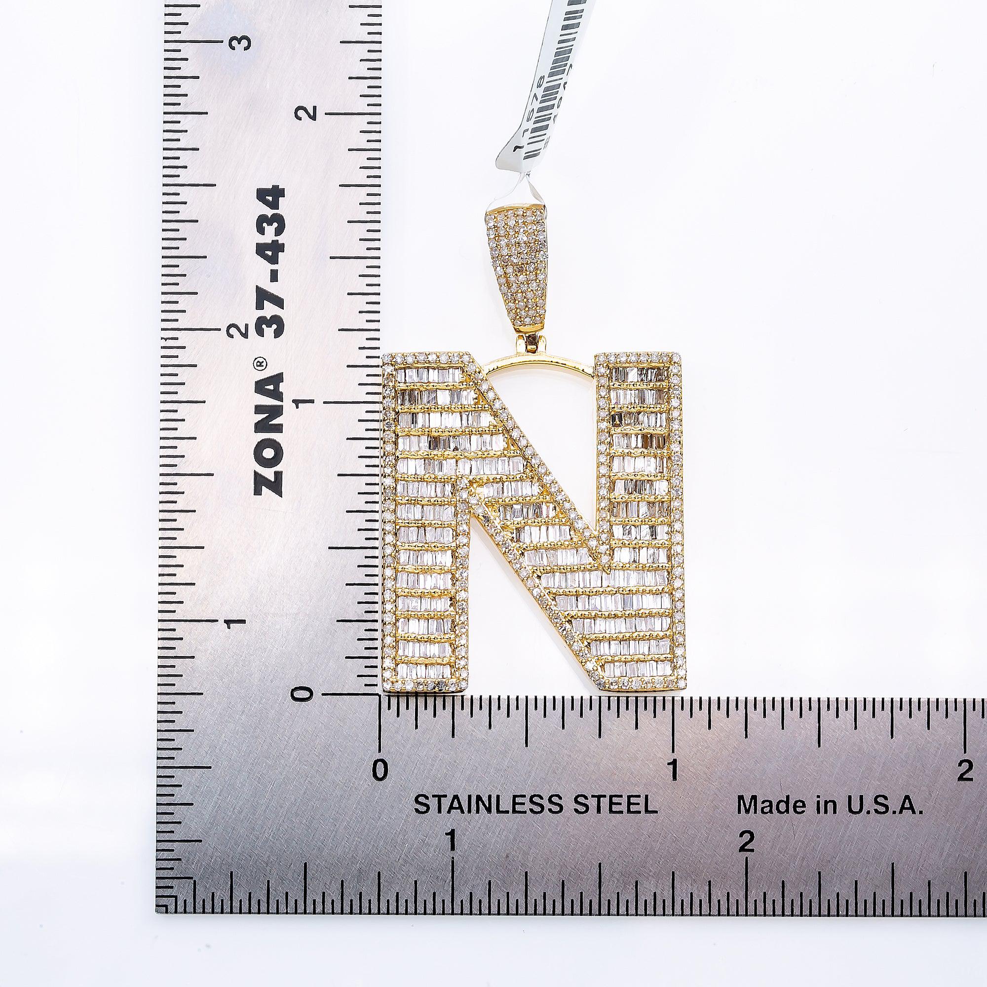 14K Yellow Gold Unisex Letter N Pendant with 2.18 CT Diamond