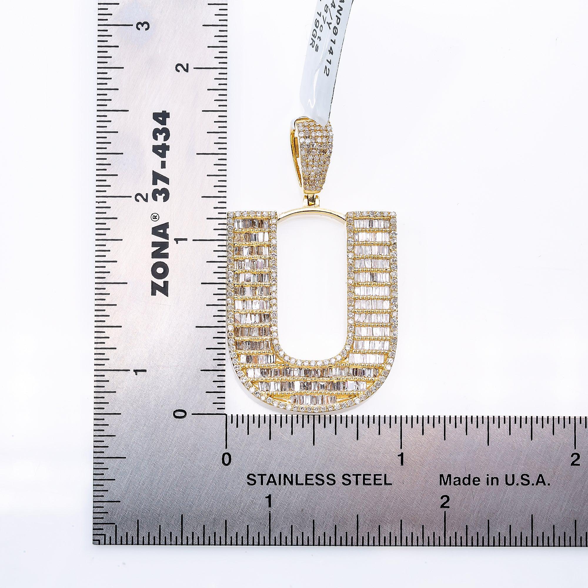 14K Yellow Gold Unisex Letter U Pendant with 1.87 CT Baguette Diamond