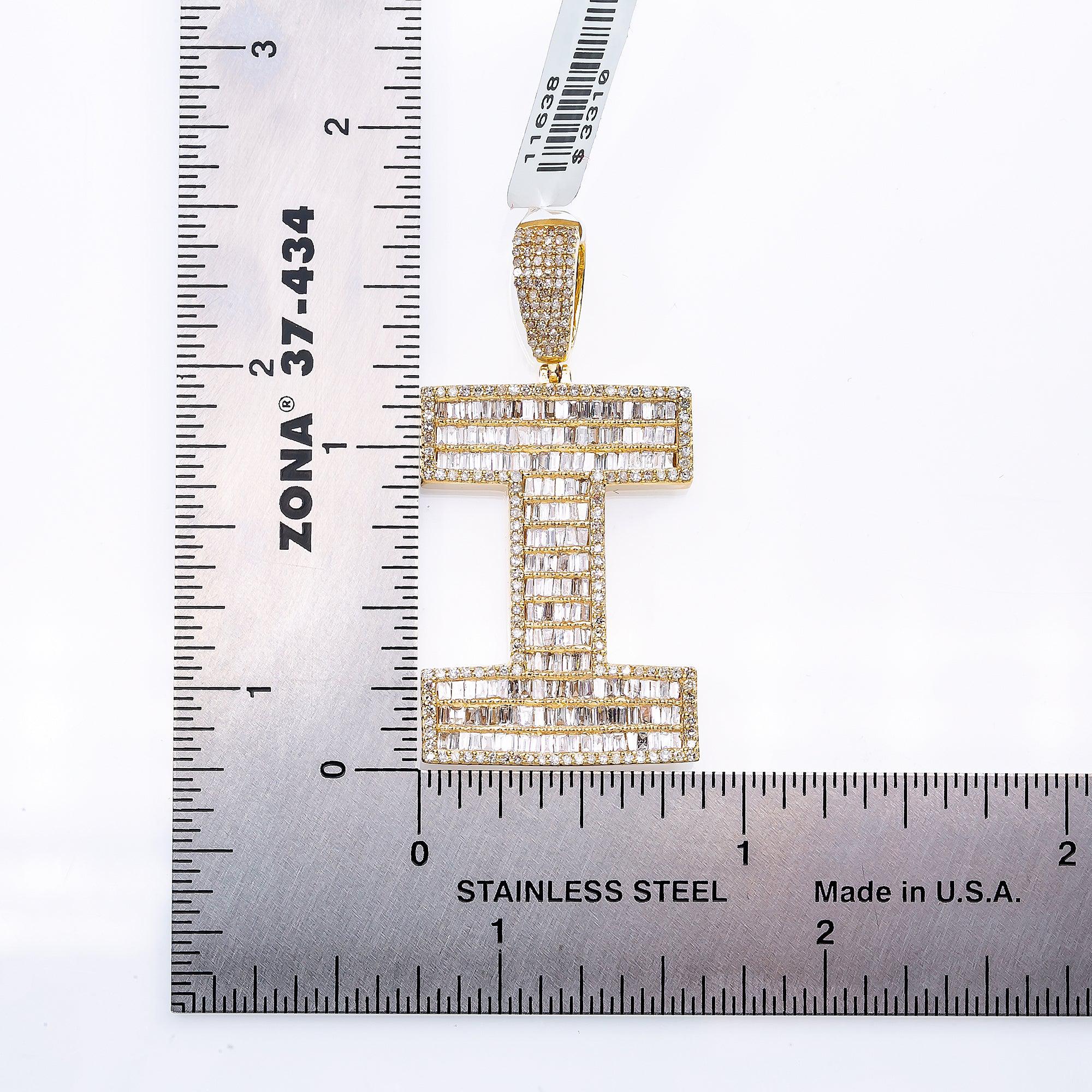 14K Yellow Gold Unisex Letter I Pendant with 1.73 CT Baguette Diamond