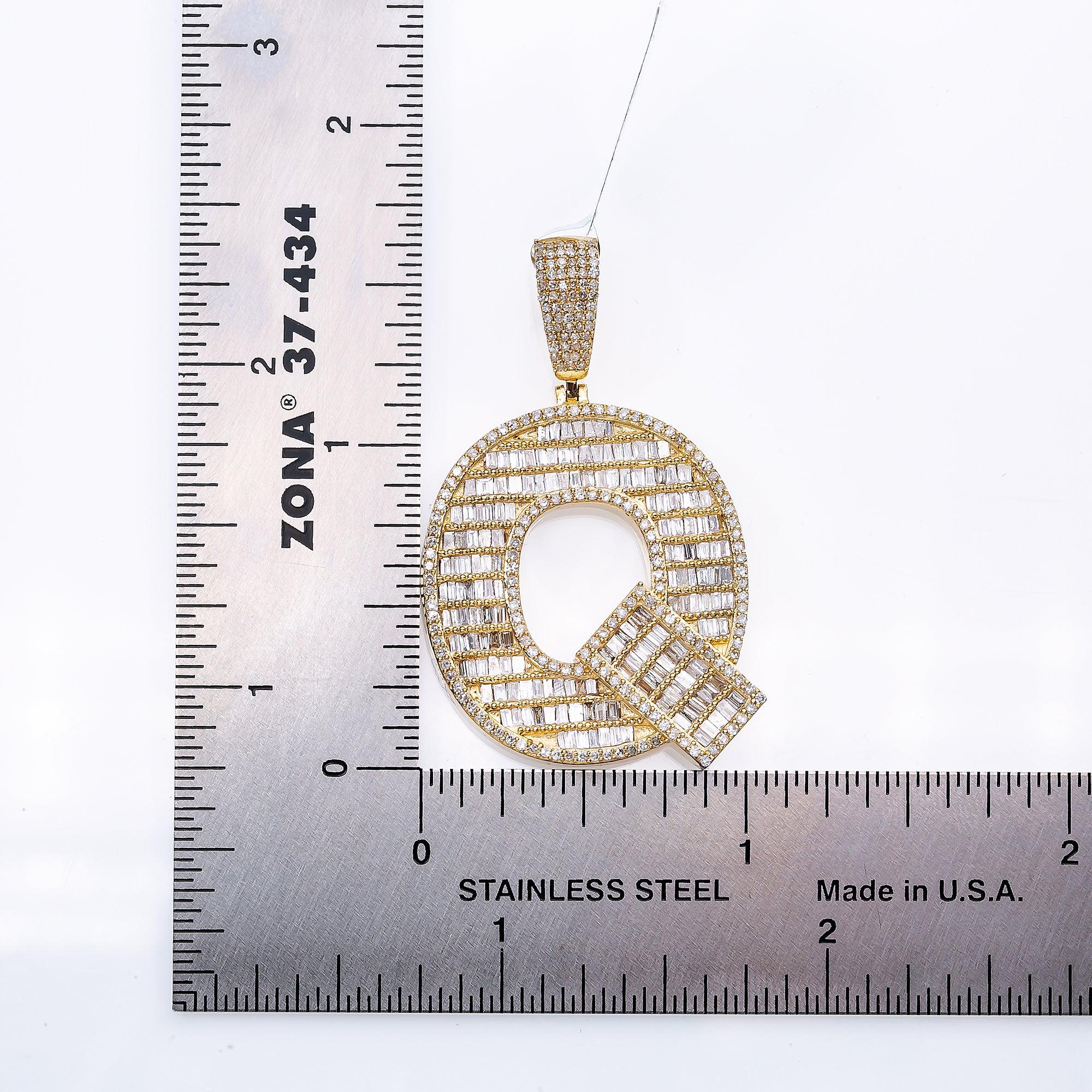 14K Yellow Gold Unisex Letter Q Pendant with 1.85 CT Bagiueete Diamond