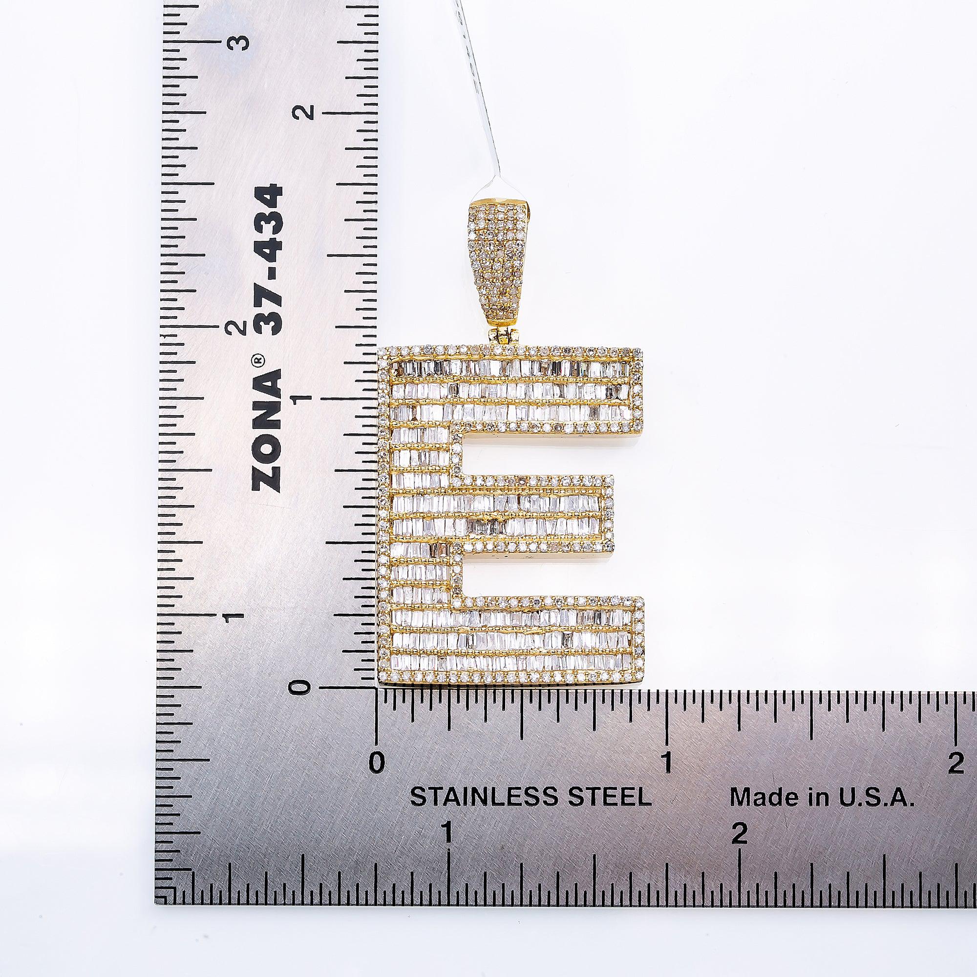 14K Yellow Gold Unisex Letter E Baguette Pendant with 2.11 CT Diamond