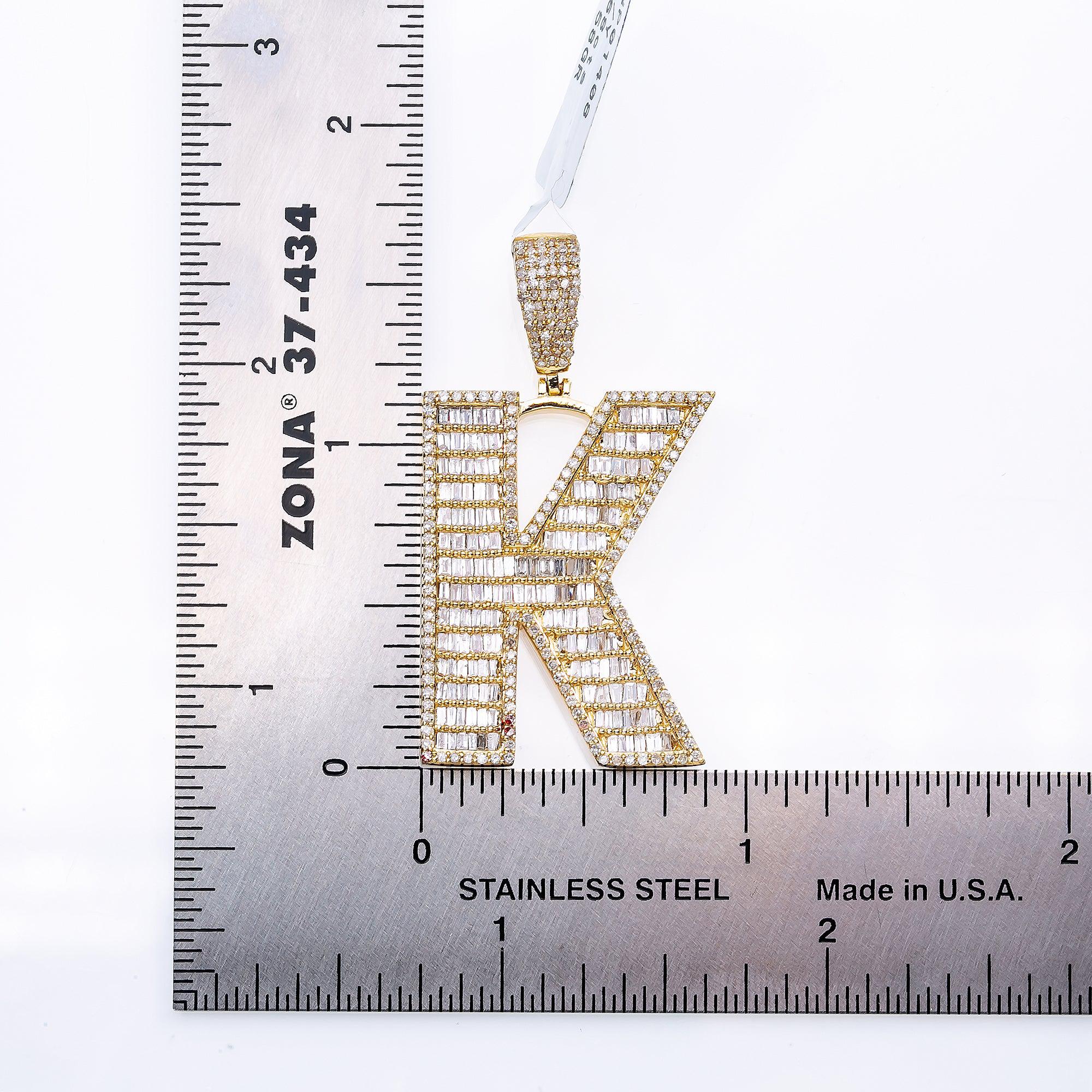 14K Yellow Gold Unisex Letter K Pendant with 1.68 CT Baguette Diamond