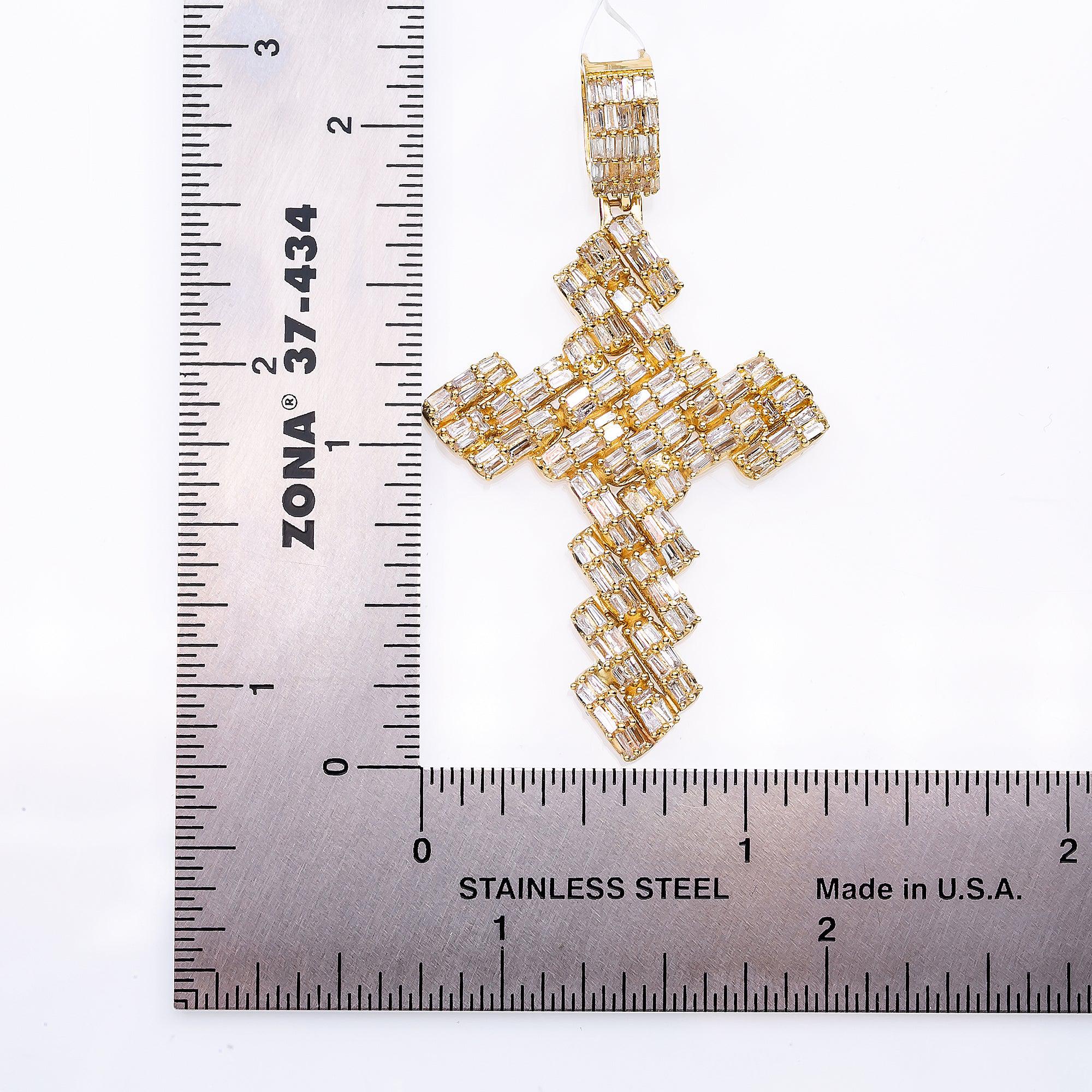 14K Yellow Gold Unisex Cross Pendant with 1.57 CT Baguette Diamond