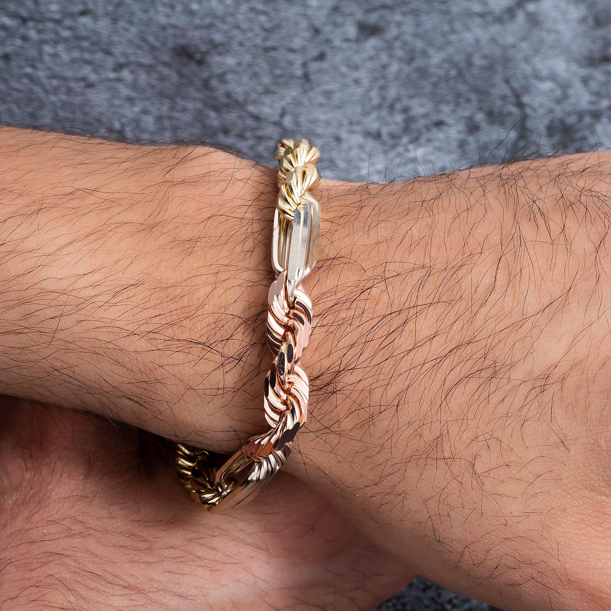 14K GOLD 6.5MM SOLID TRICOLOR MILANO CHAIN BRACELET