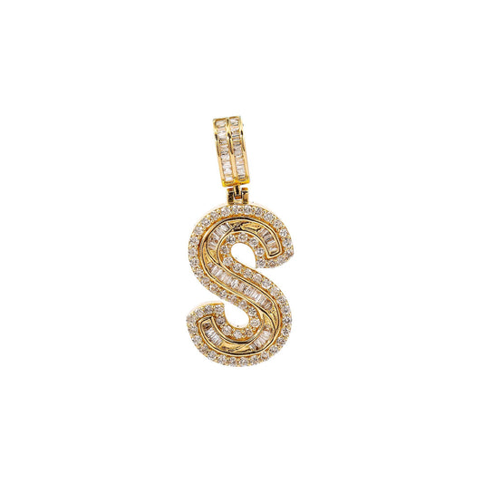 14K GOLD BAGUETTE AND ROUND DIAMOND INITIAL LETTER S PENDANT