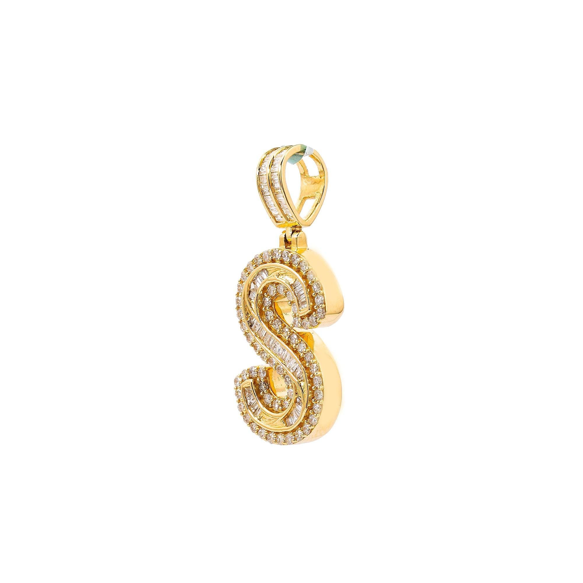 14K GOLD BAGUETTE AND ROUND DIAMOND INITIAL LETTER S PENDANT