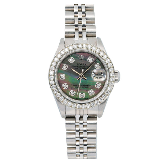 Rolex Oyster Perpetual Datejust 69240 26MM Black MOP Diamond Dial With Stainless Steel Bracelet