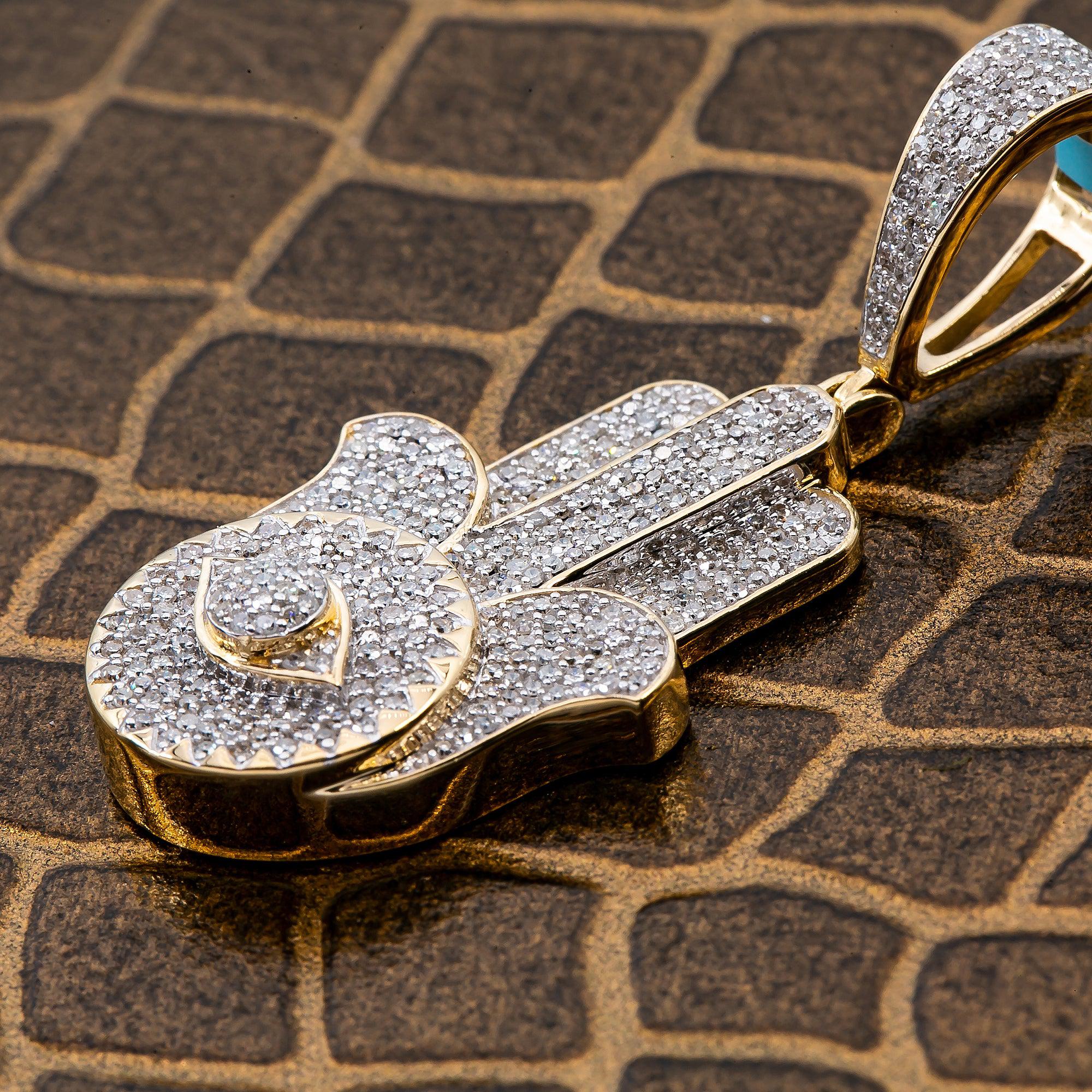 Unisex 14K Yellow Gold Hamsa Pendant with 1.23 CT Diamonds