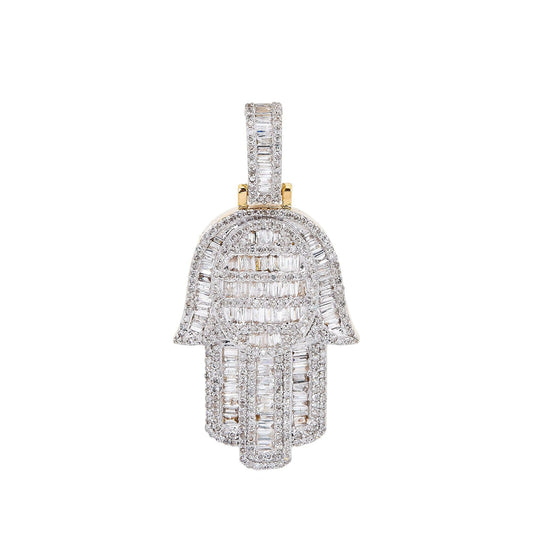 14K GOLD BAGUETTE AND ROUND DIAMOND HAMSA PENDANT 1.91 CT