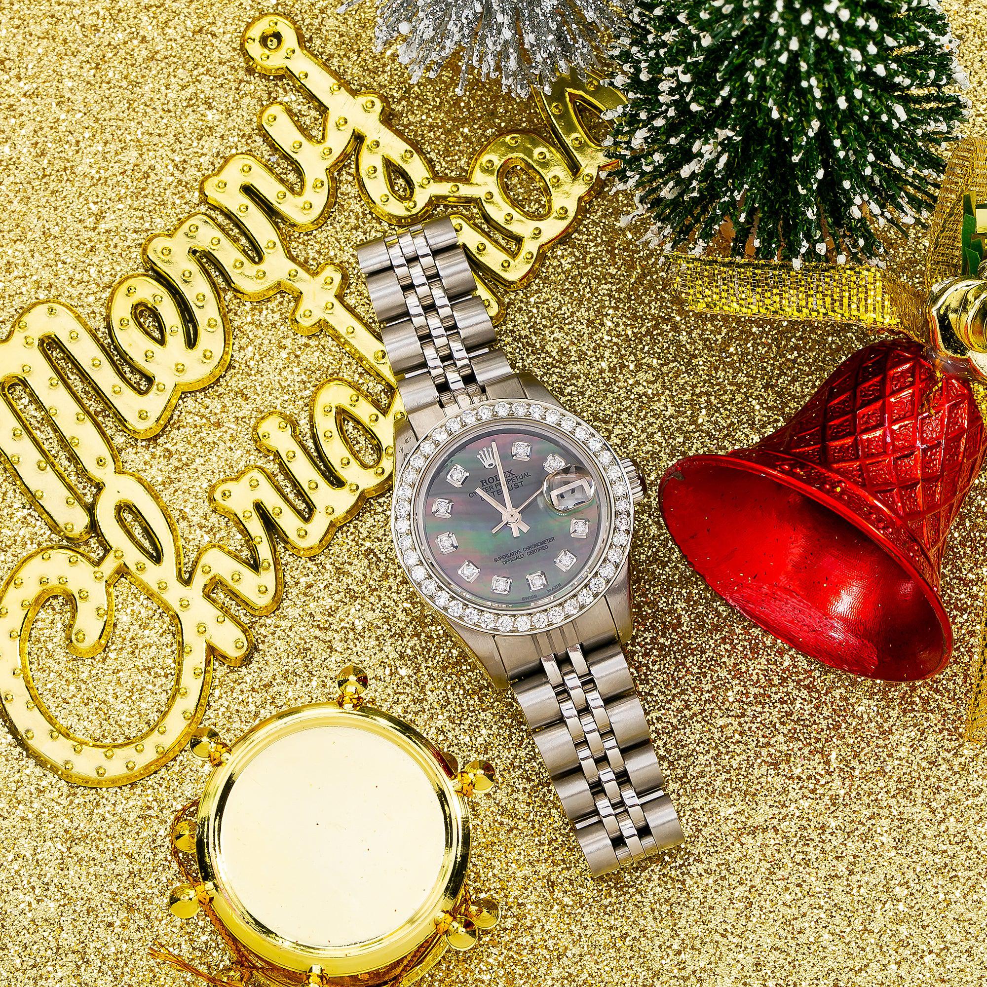 Rolex Oyster Perpetual Datejust 69240 26MM Black MOP Diamond Dial With Stainless Steel Bracelet